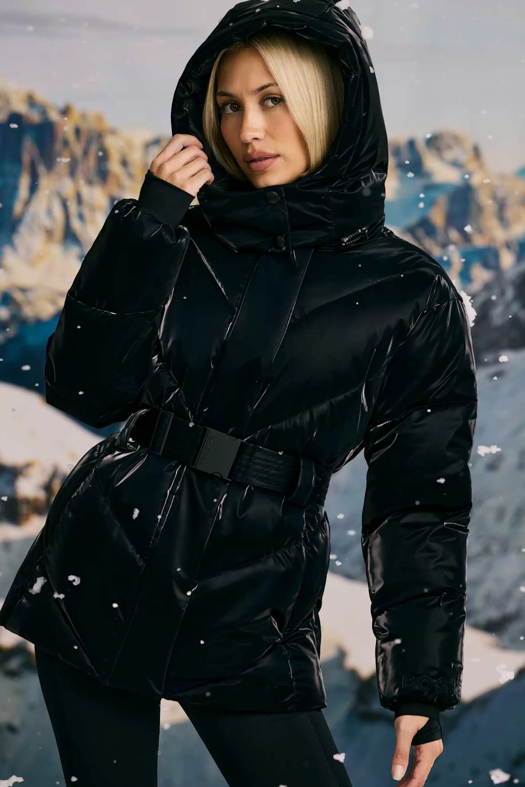 Oh Polly Oversized Quilted Hooded Ski Jacket in Black Clearance