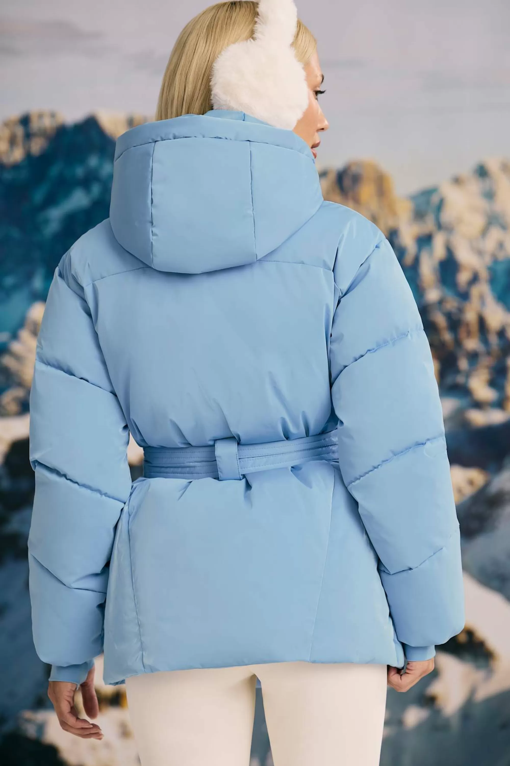Oh Polly Oversized Quilted Hooded Ski Jacket in Ice Blue IceBlue Hot