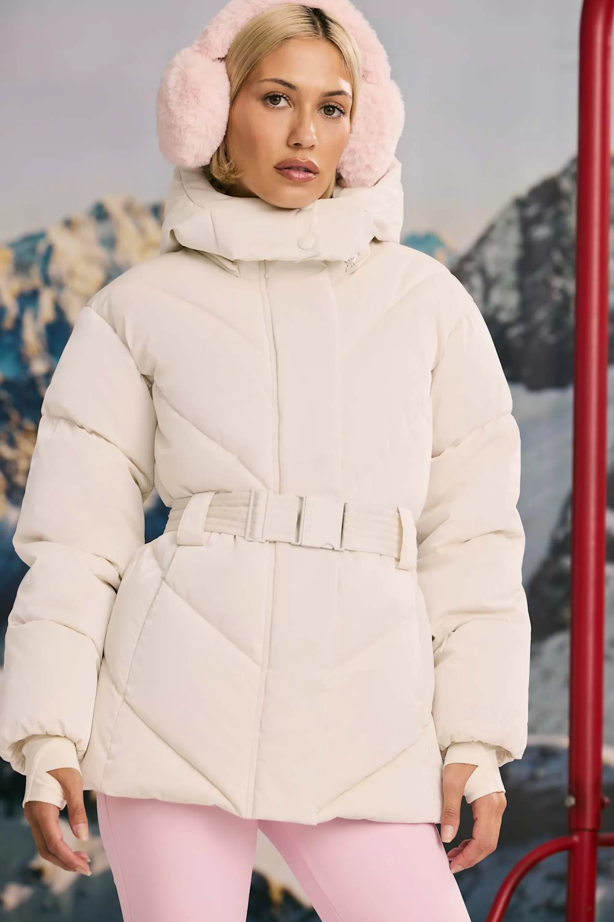 Oh Polly Oversized Quilted Hooded Ski Jacket in Ice White IceWhite Best Sale