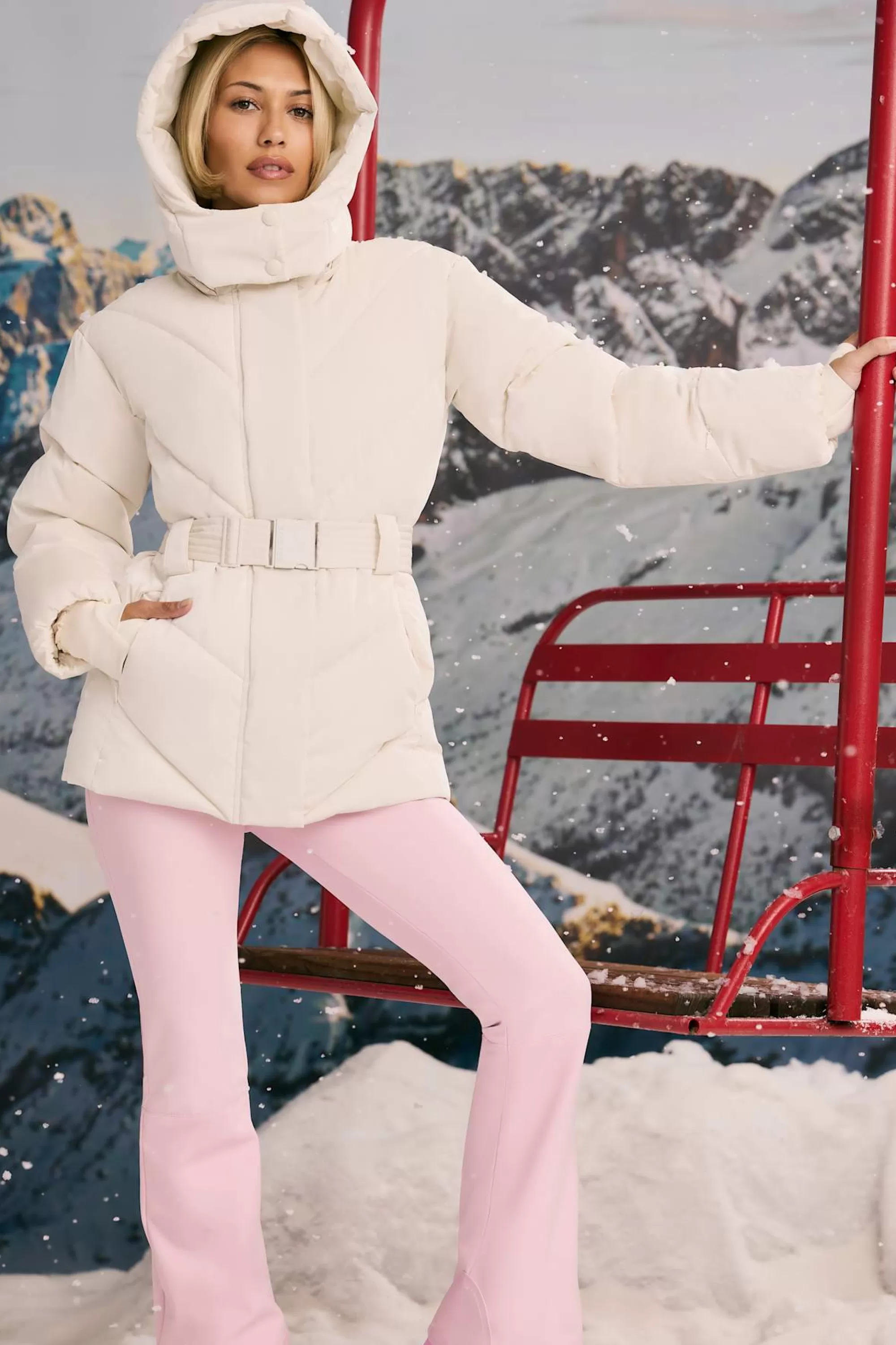 Oh Polly Oversized Quilted Hooded Ski Jacket in Ice White IceWhite Best Sale