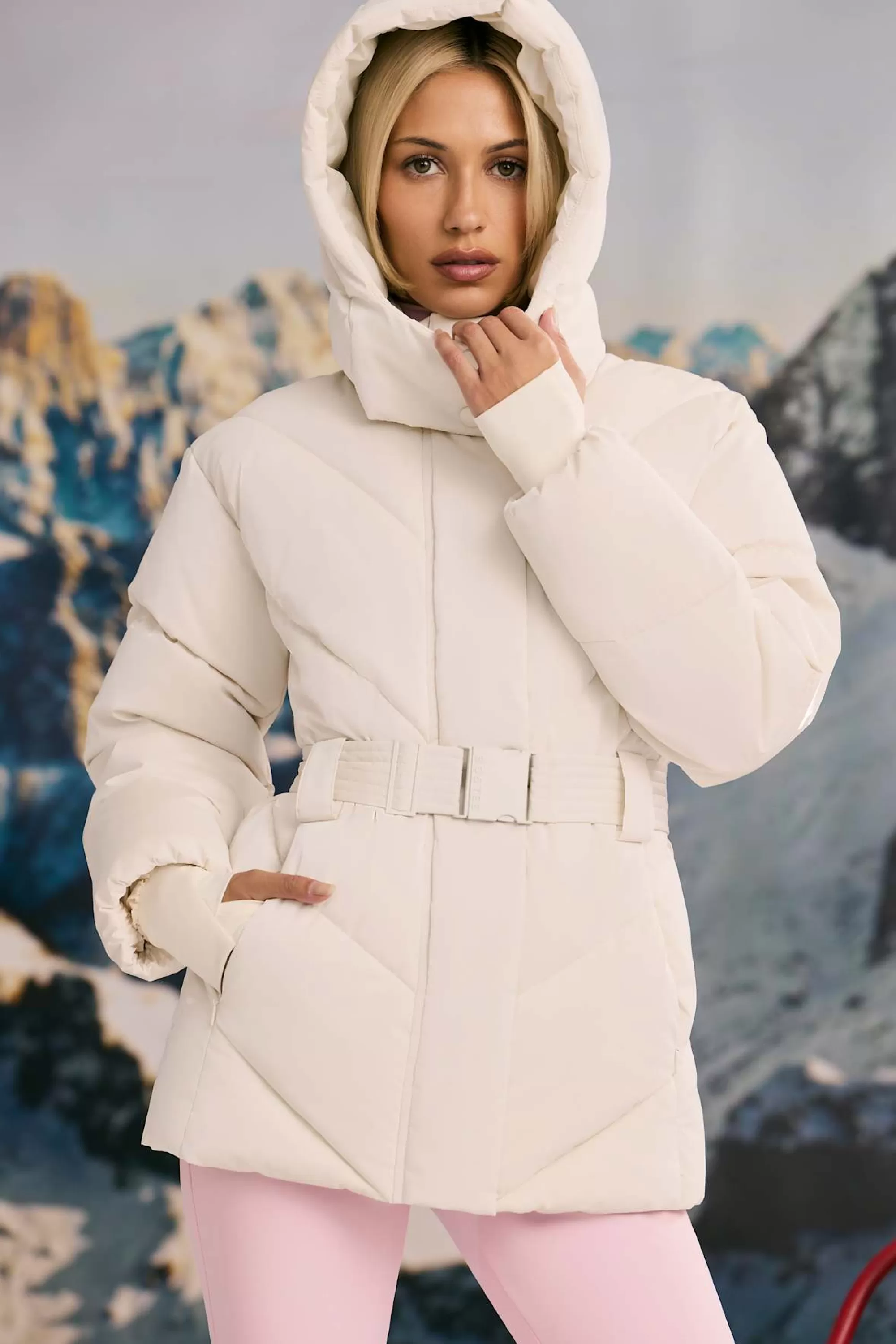 Oh Polly Oversized Quilted Hooded Ski Jacket in Ice White IceWhite Best Sale
