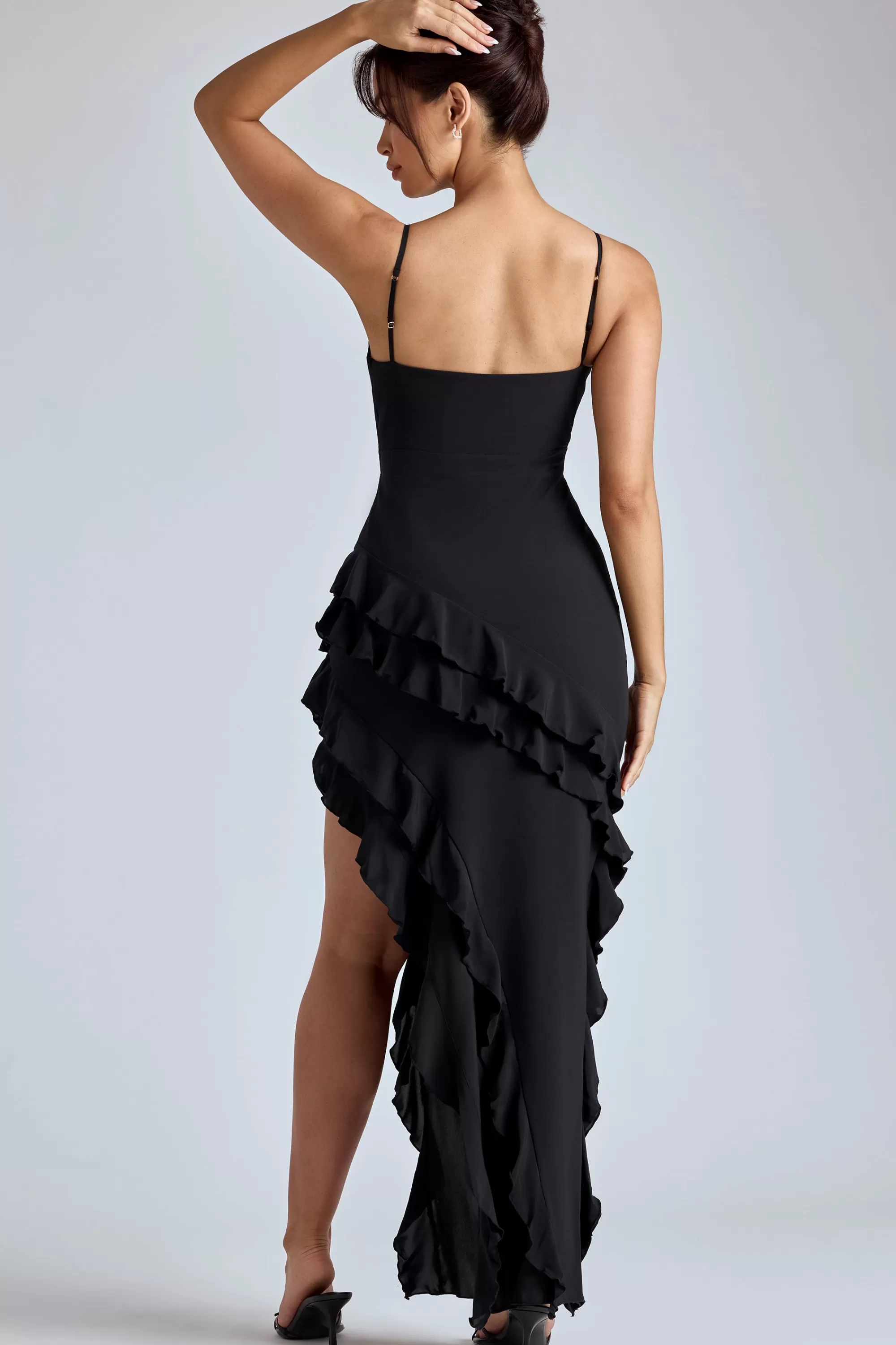 Oh Polly Panelled Ruffle Evening Gown in Black Sale