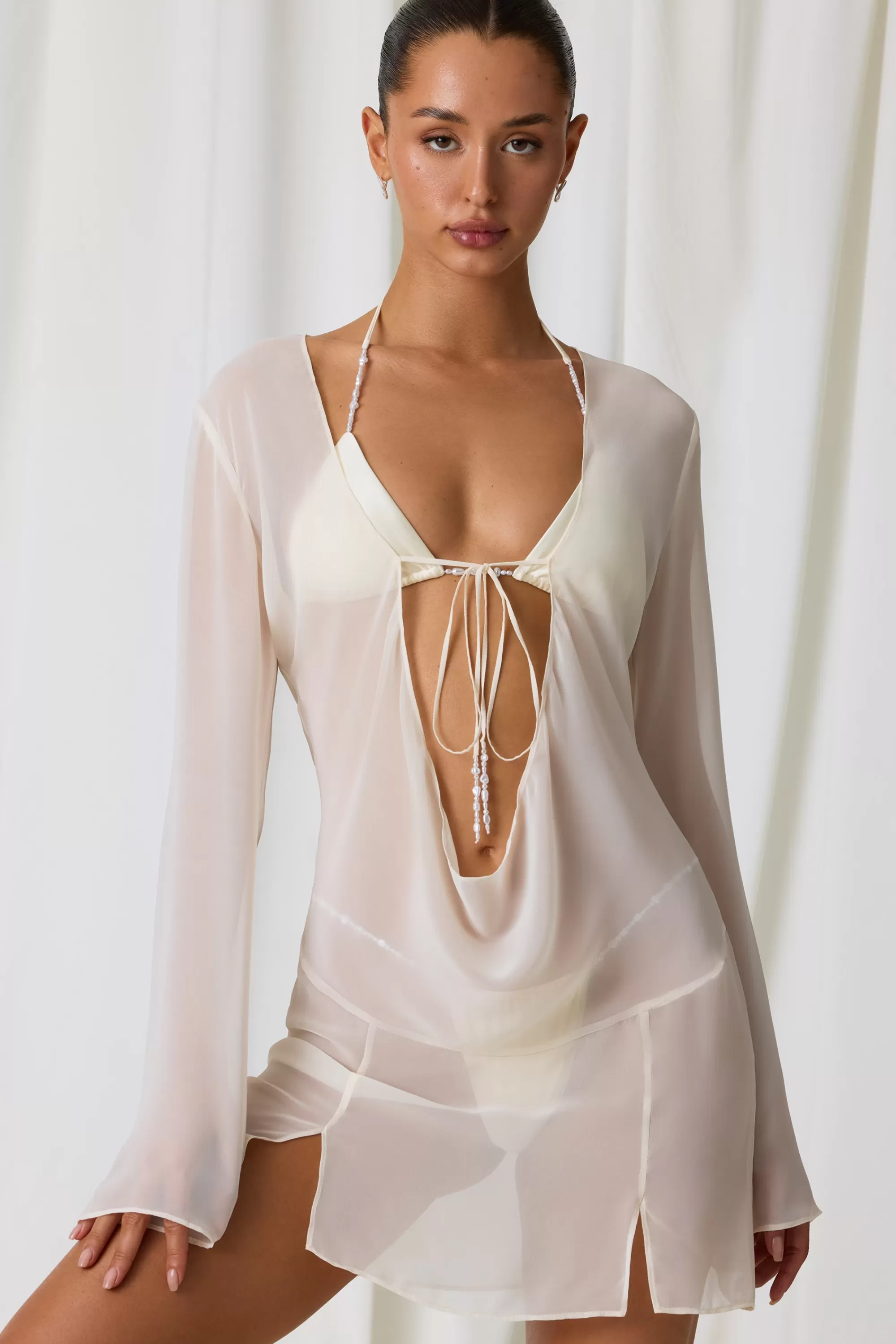 Oh Polly Pearl-Detail Cowl-Neck Micro Mini Dress in Pearl White PearlWhite Best Sale