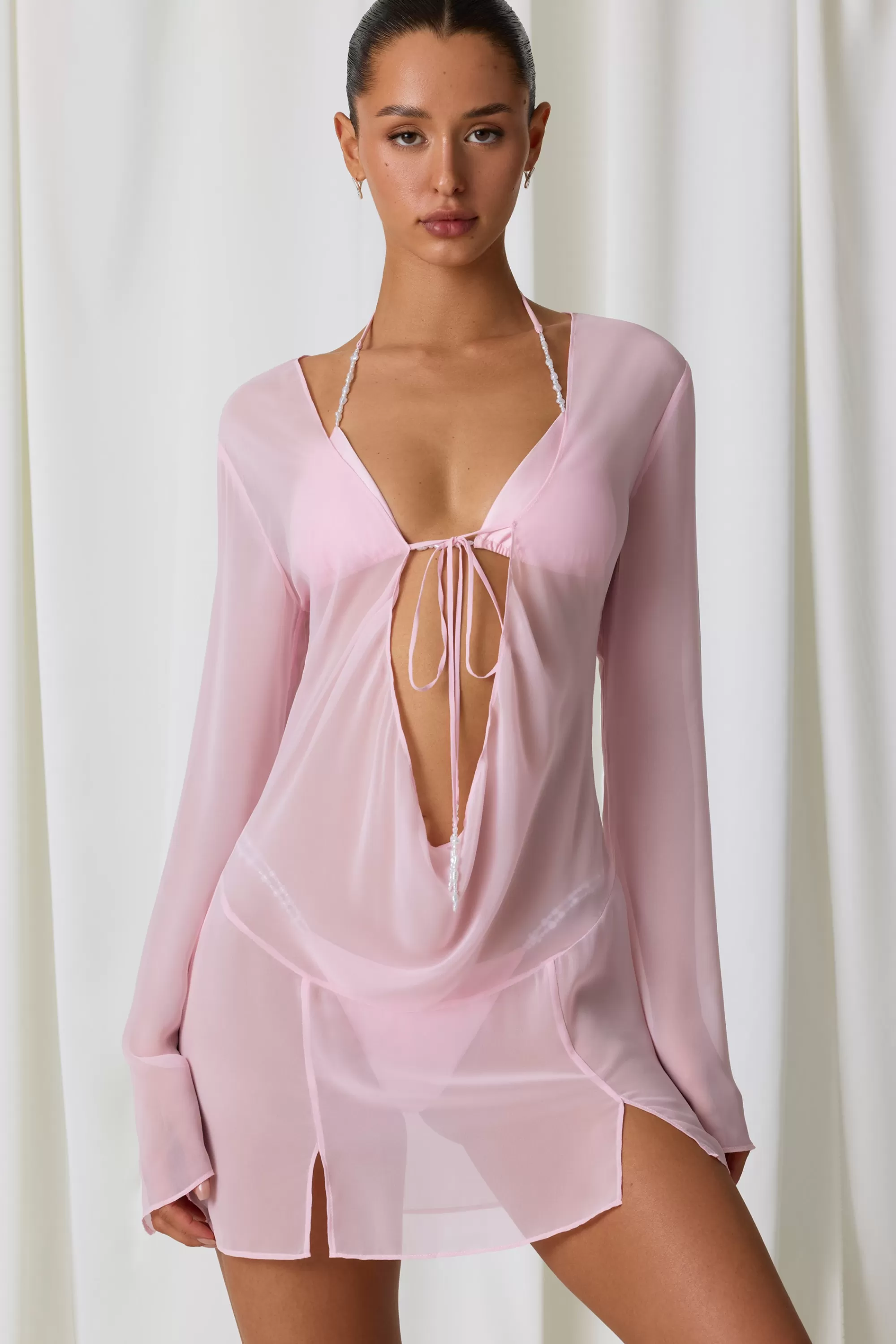 Oh Polly Pearl-Detail Cowl-Neck Micro Mini Dress in Soft Pink SoftPink Best Sale