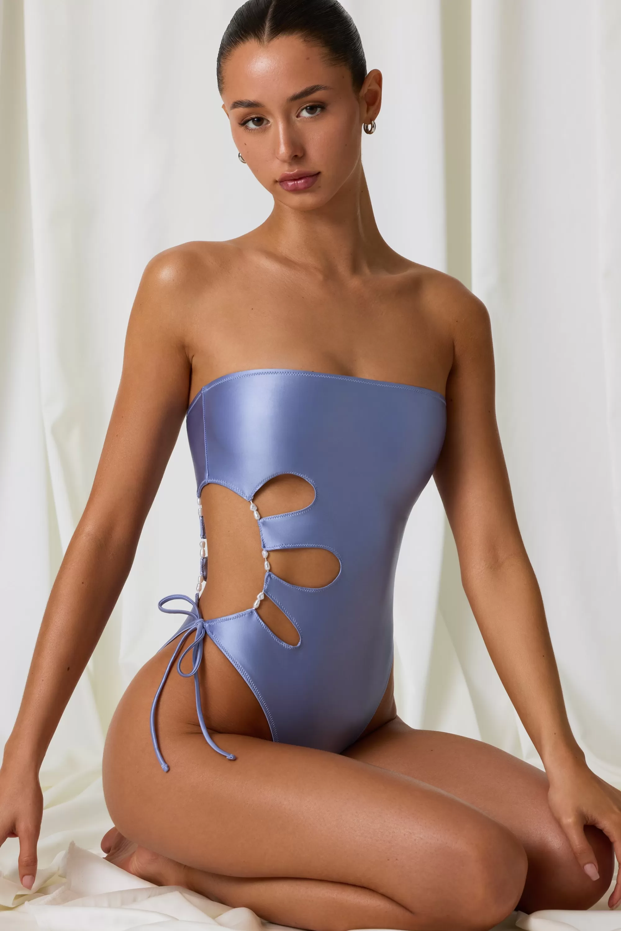 Oh Polly Pearl-Detail Cut-Out Bandeau Swimsuit in Lavender Purple LavenderPurple Sale