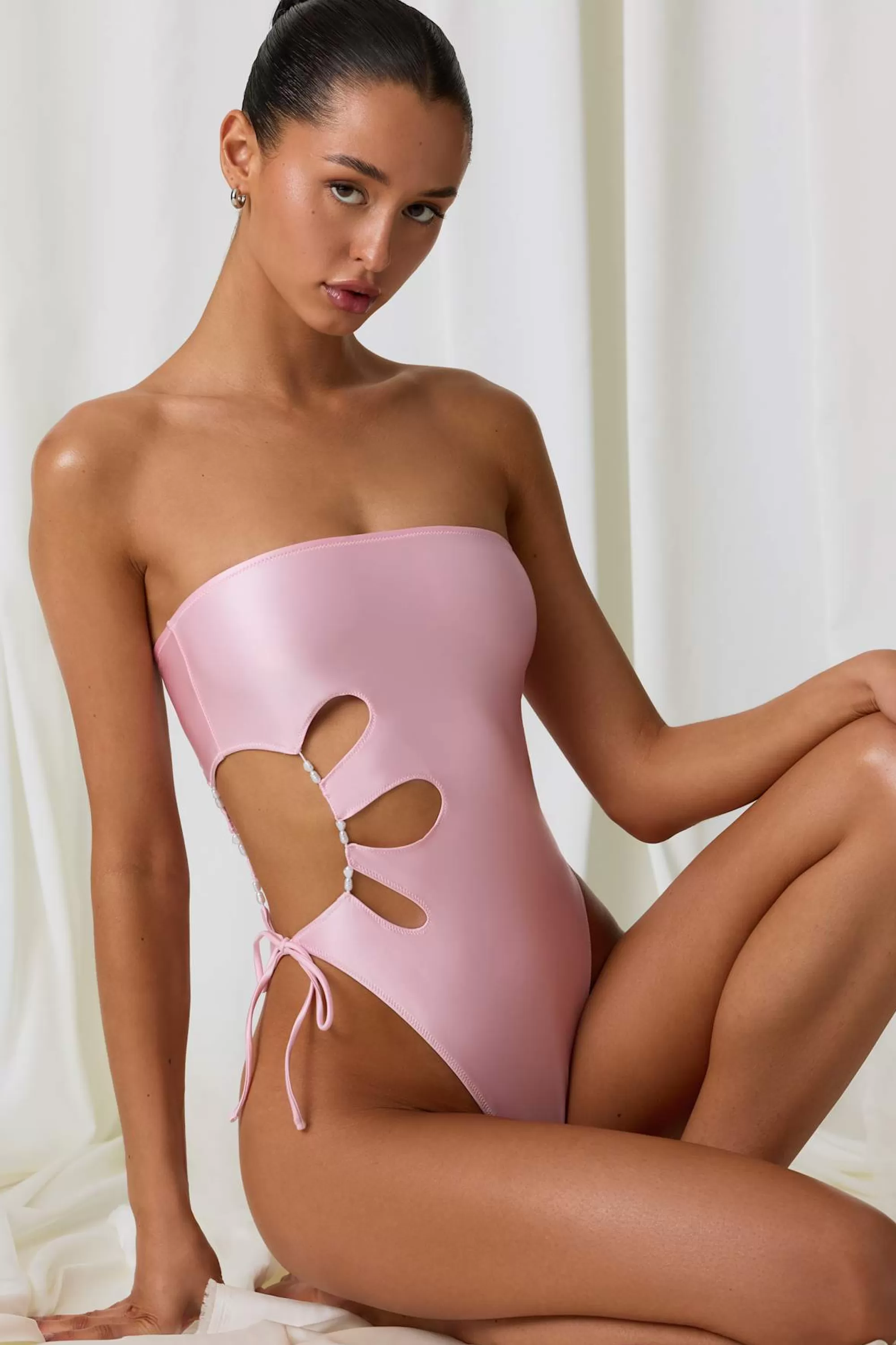 Oh Polly Pearl-Detail Cut-Out Bandeau Swimsuit in Soft Pink SoftPink Best