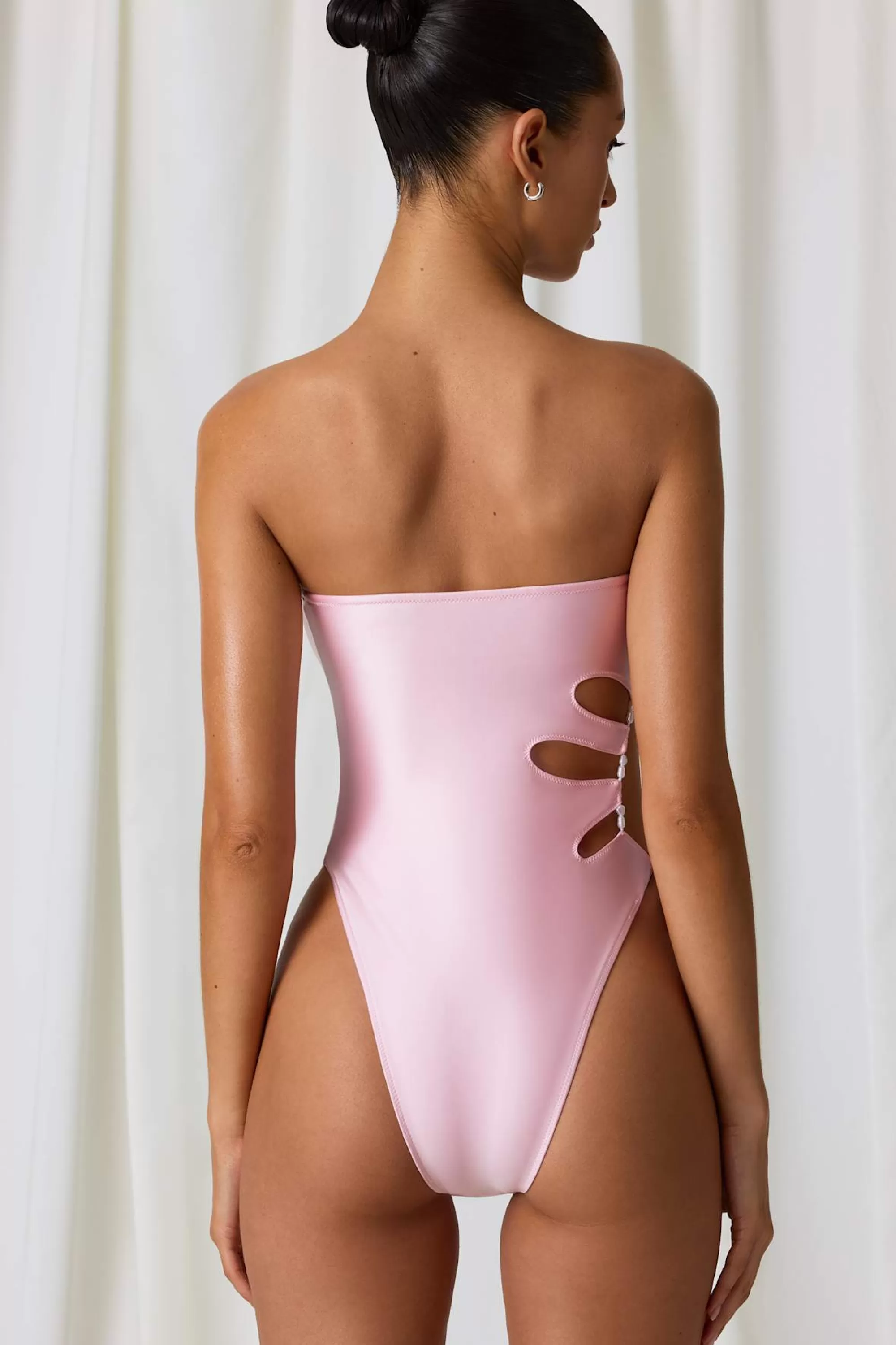 Oh Polly Pearl-Detail Cut-Out Bandeau Swimsuit in Soft Pink SoftPink Best