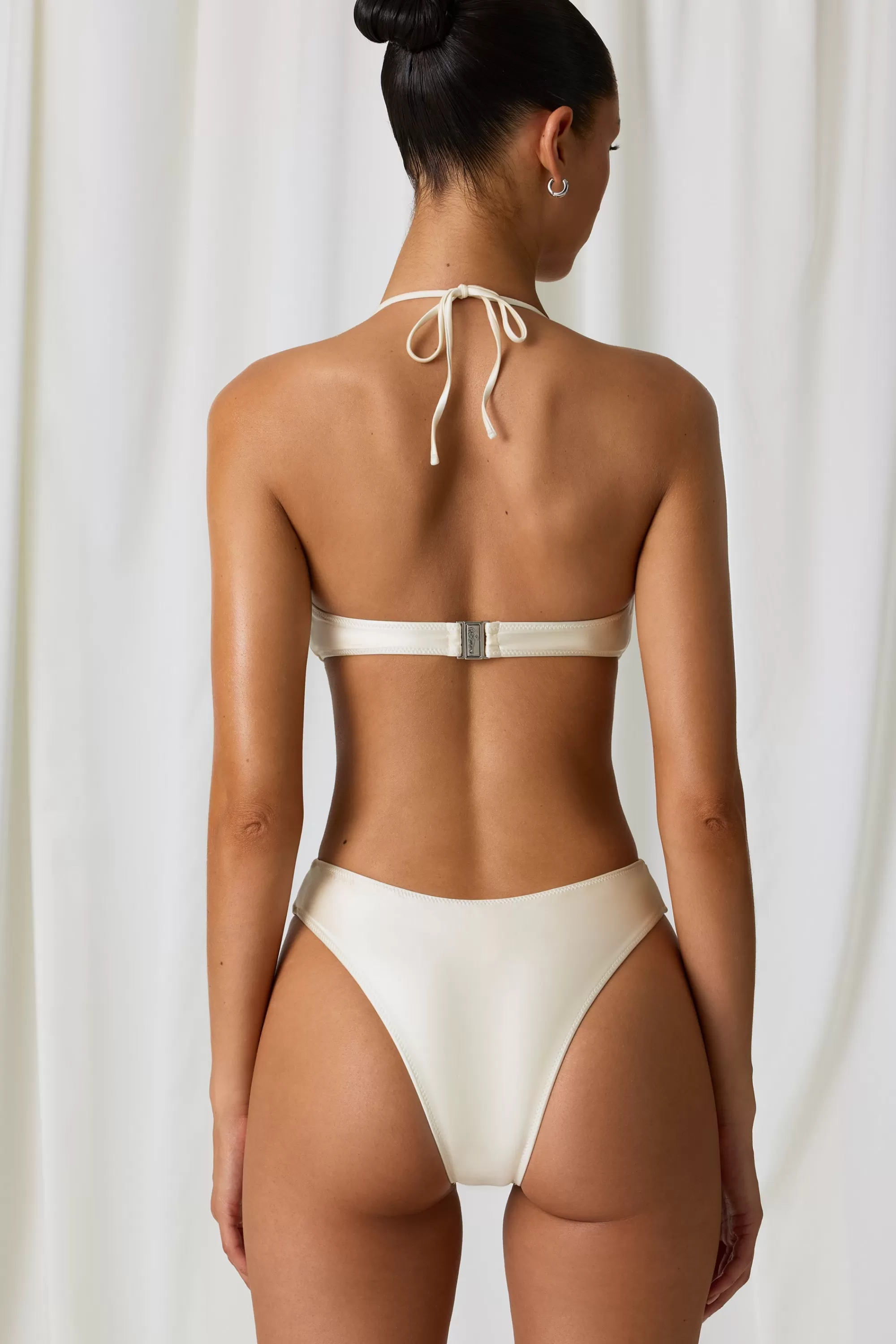 Oh Polly Pearl-Detail Cut-Out Halterneck Swimsuit in Pearl White PearlWhite Flash Sale