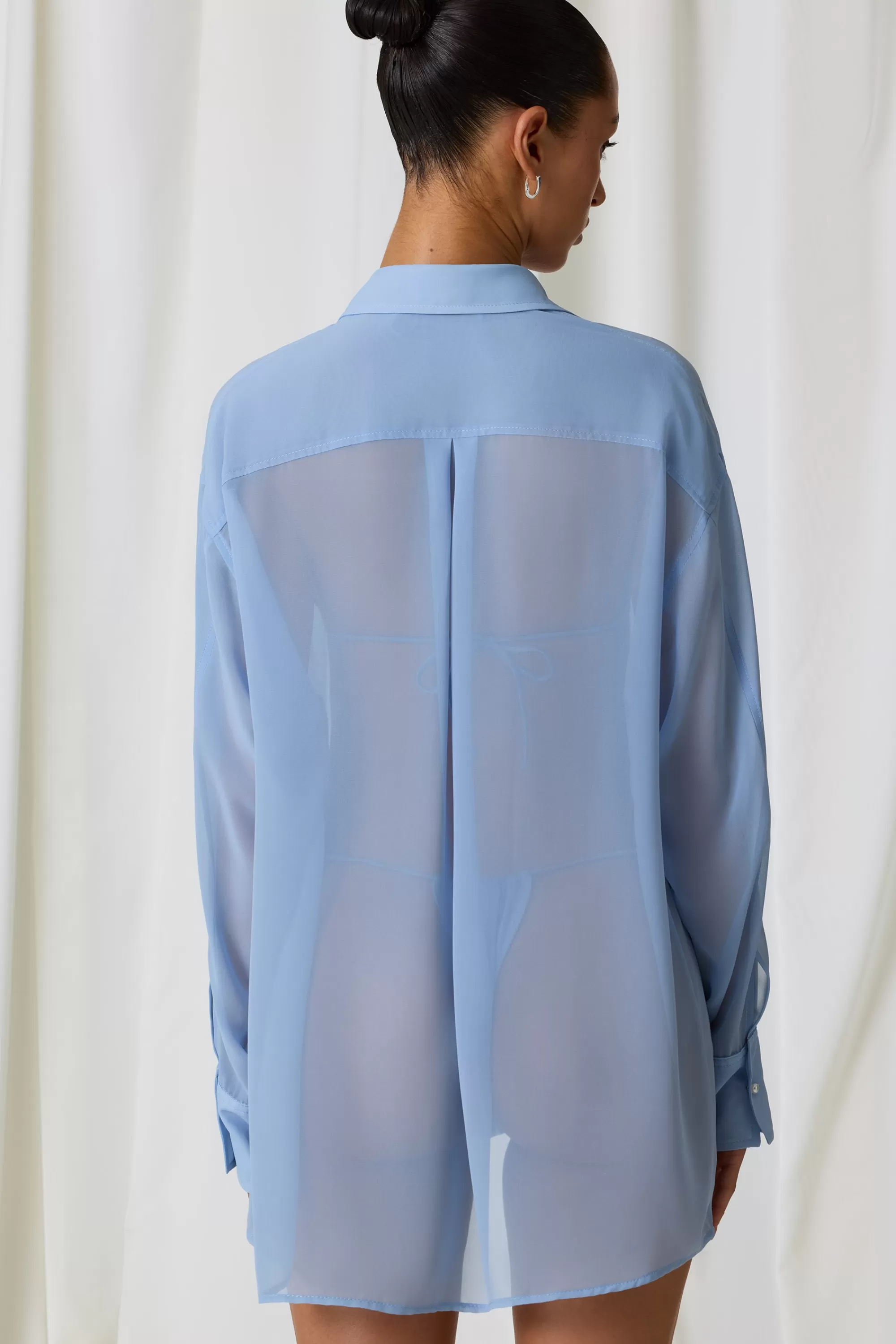 Oh Polly Pearl-Detail Oversized Shirt in Sky Blue SkyBlue Cheap