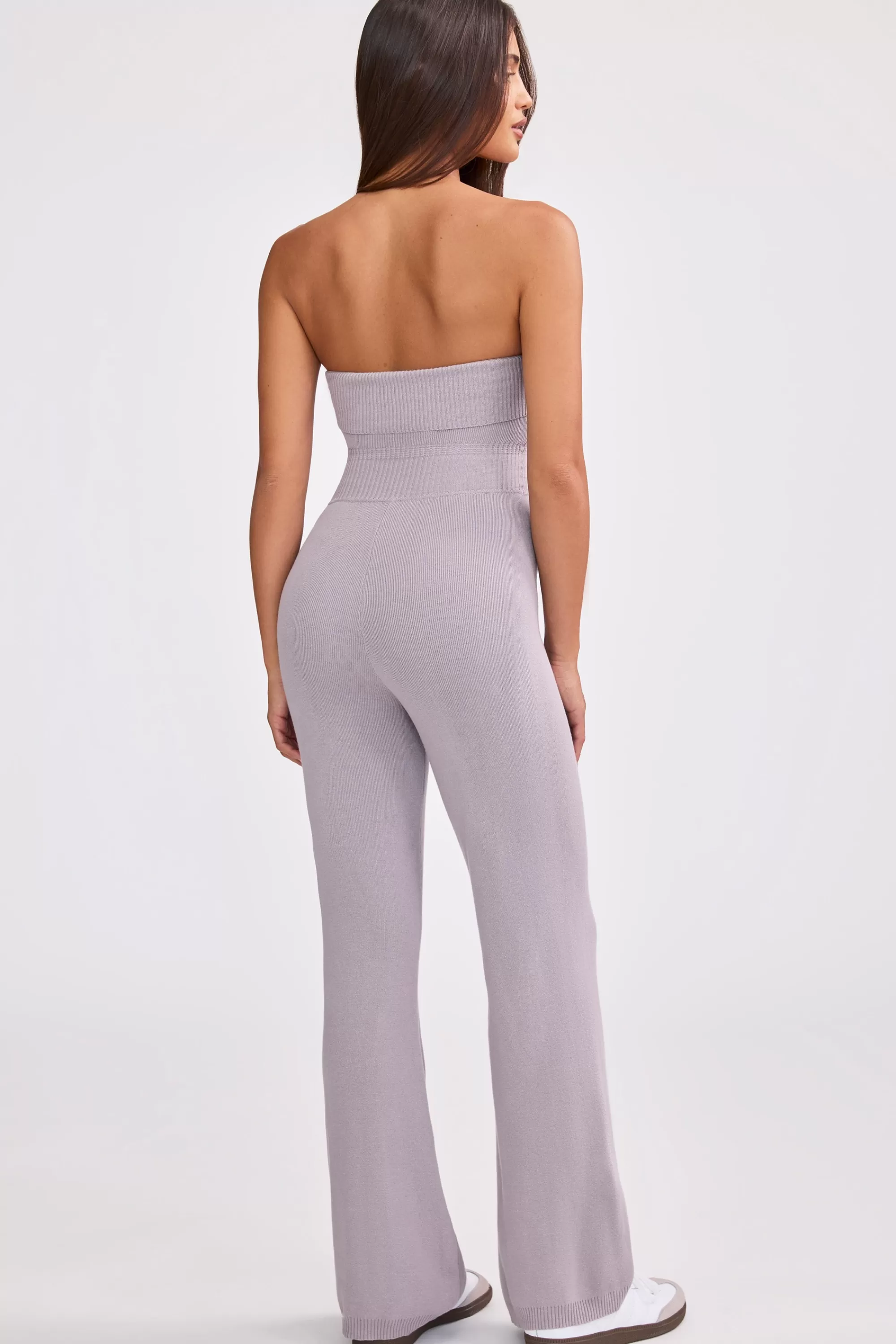 Oh Polly Petite Bandeau Kick Flare Chunky Knit Jumpsuit in Dusty Lavender DustyLavender Clearance