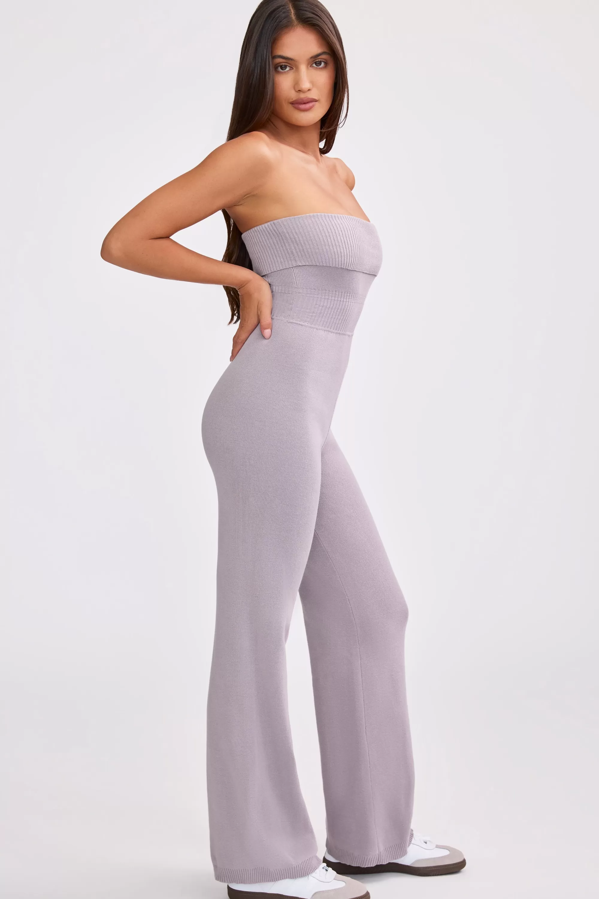 Oh Polly Petite Bandeau Kick Flare Chunky Knit Jumpsuit in Dusty Lavender DustyLavender Clearance