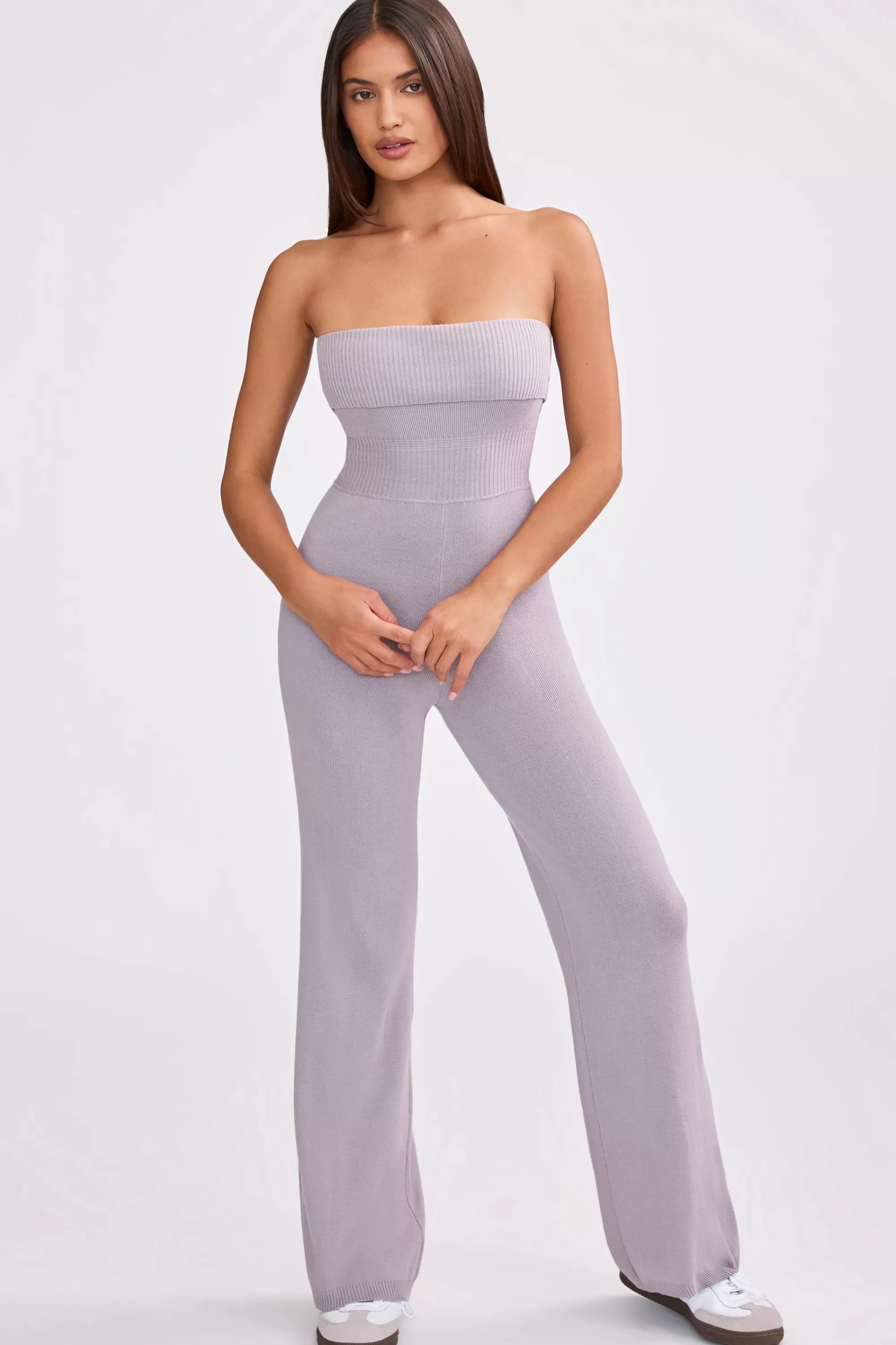 Oh Polly Petite Bandeau Kick Flare Chunky Knit Jumpsuit in Dusty Lavender DustyLavender Clearance