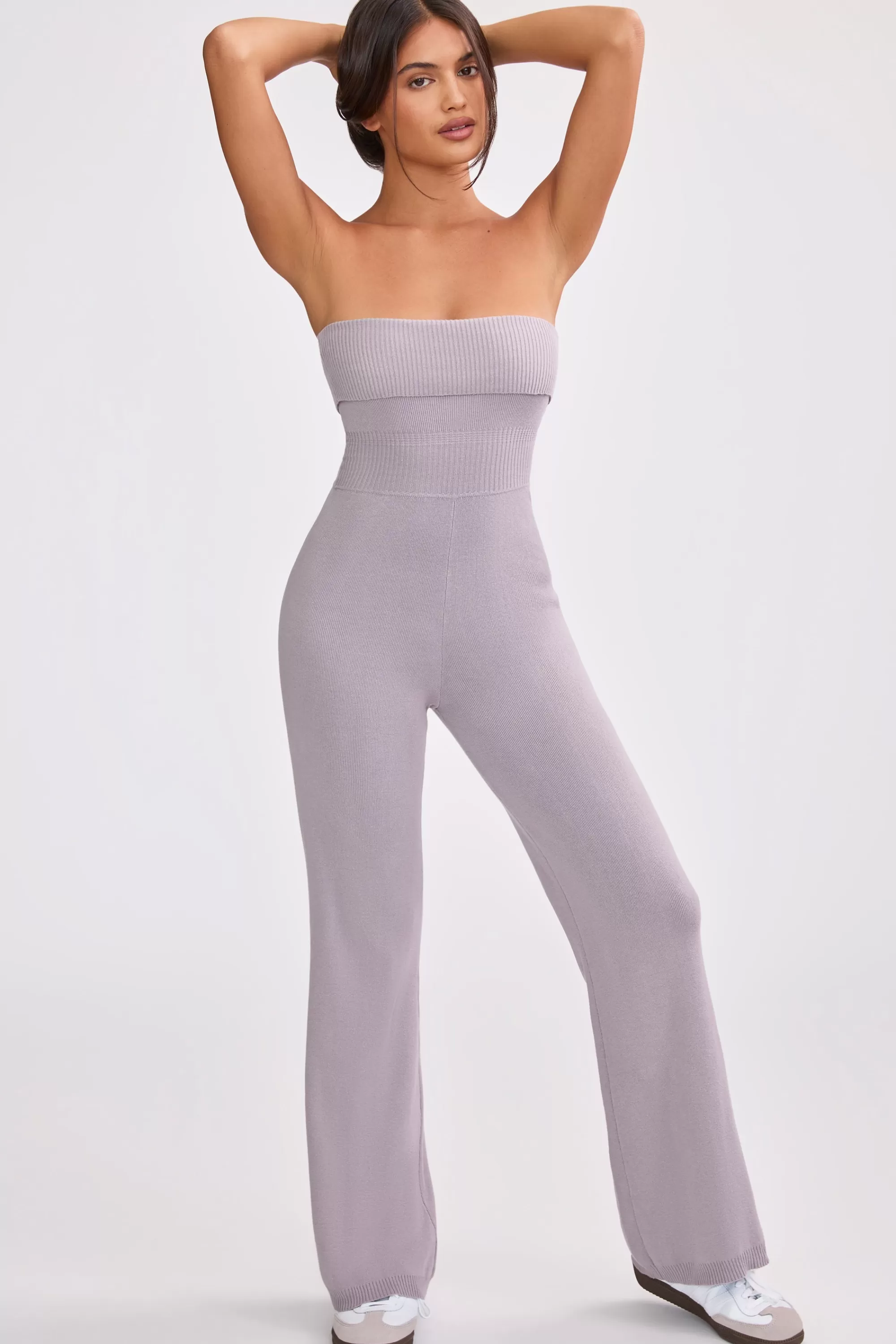 Oh Polly Petite Bandeau Kick Flare Chunky Knit Jumpsuit in Dusty Lavender DustyLavender Clearance