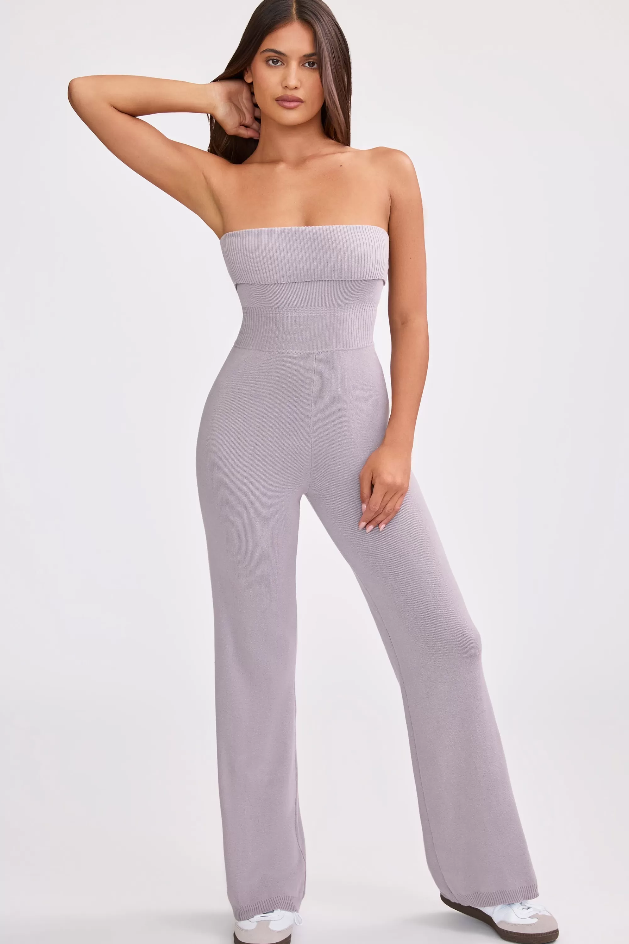 Oh Polly Petite Bandeau Kick Flare Chunky Knit Jumpsuit in Dusty Lavender DustyLavender Clearance