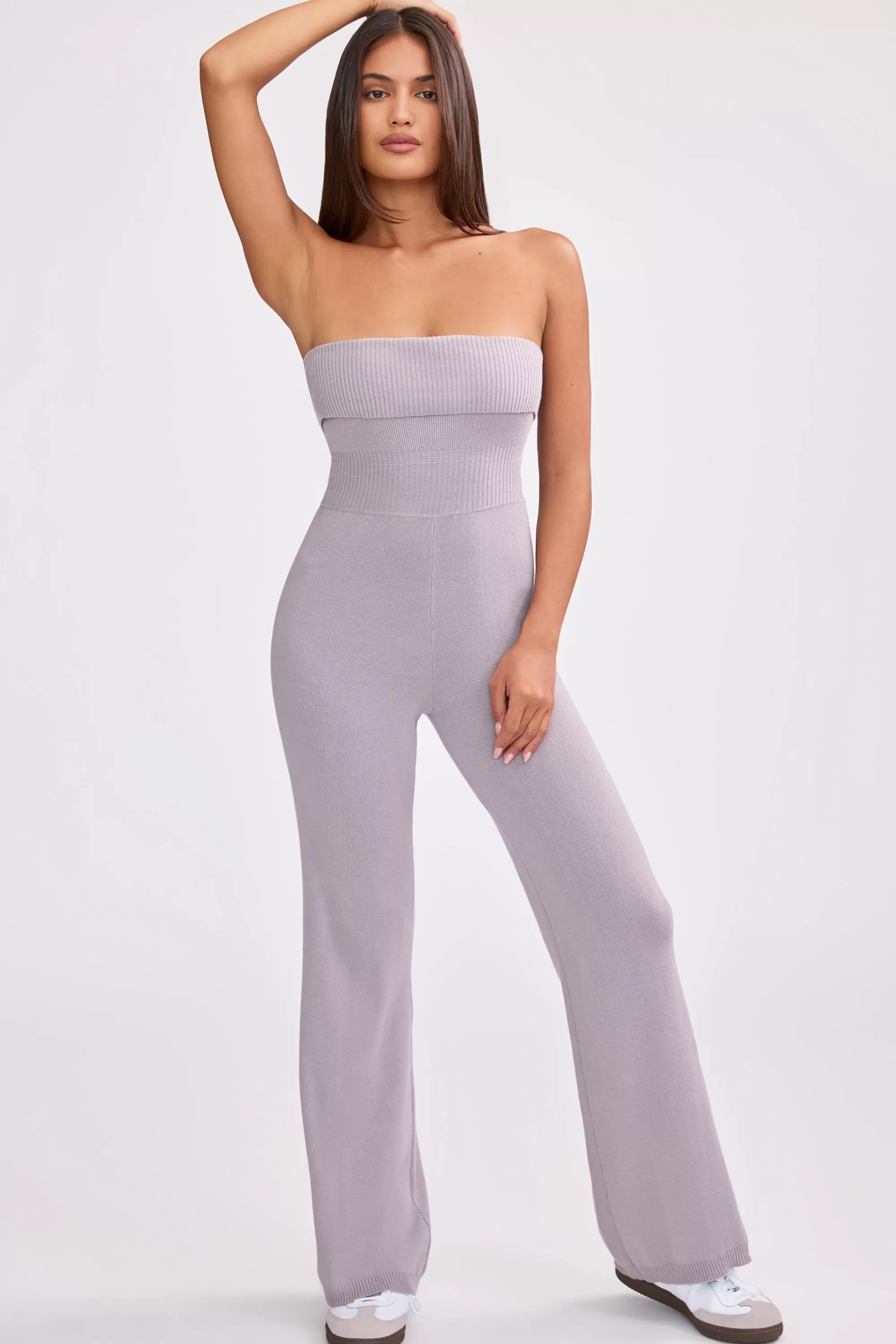 Oh Polly Petite Bandeau Kick Flare Chunky Knit Jumpsuit in Dusty Lavender DustyLavender Clearance