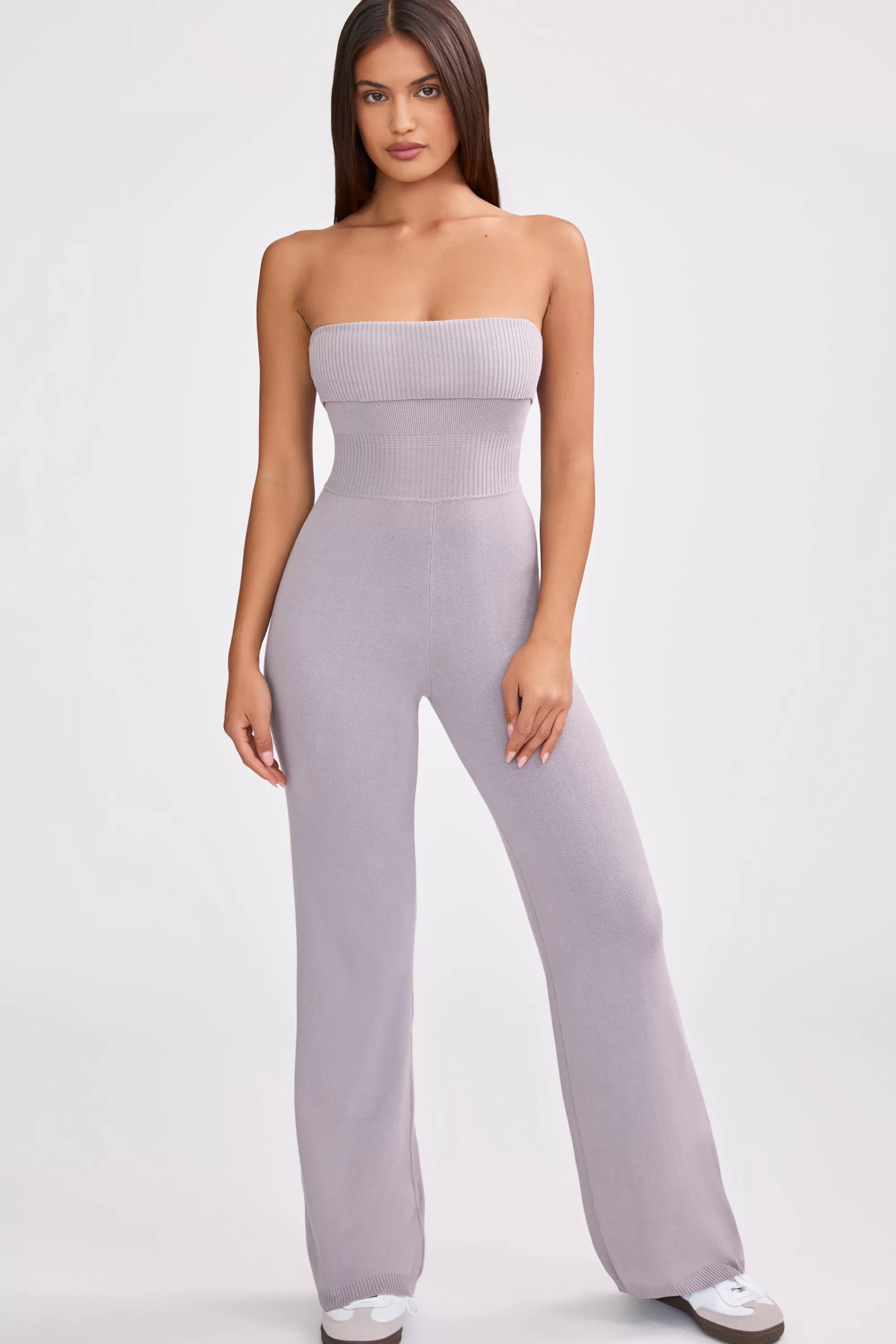 Oh Polly Petite Bandeau Kick Flare Chunky Knit Jumpsuit in Dusty Lavender DustyLavender Clearance