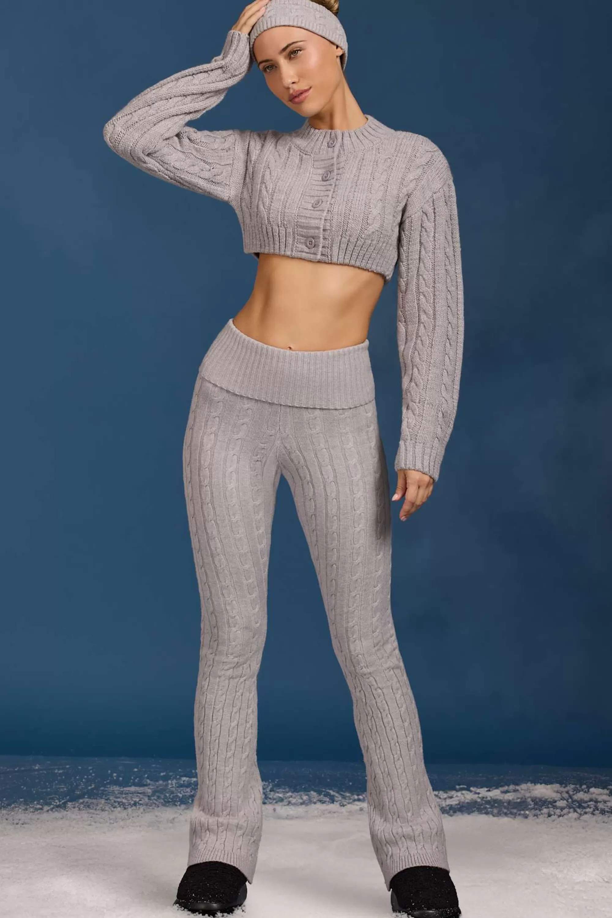 Oh Polly Petite Cable-Knit Flared Trousers in Grey Marl GreyMarl Best Sale