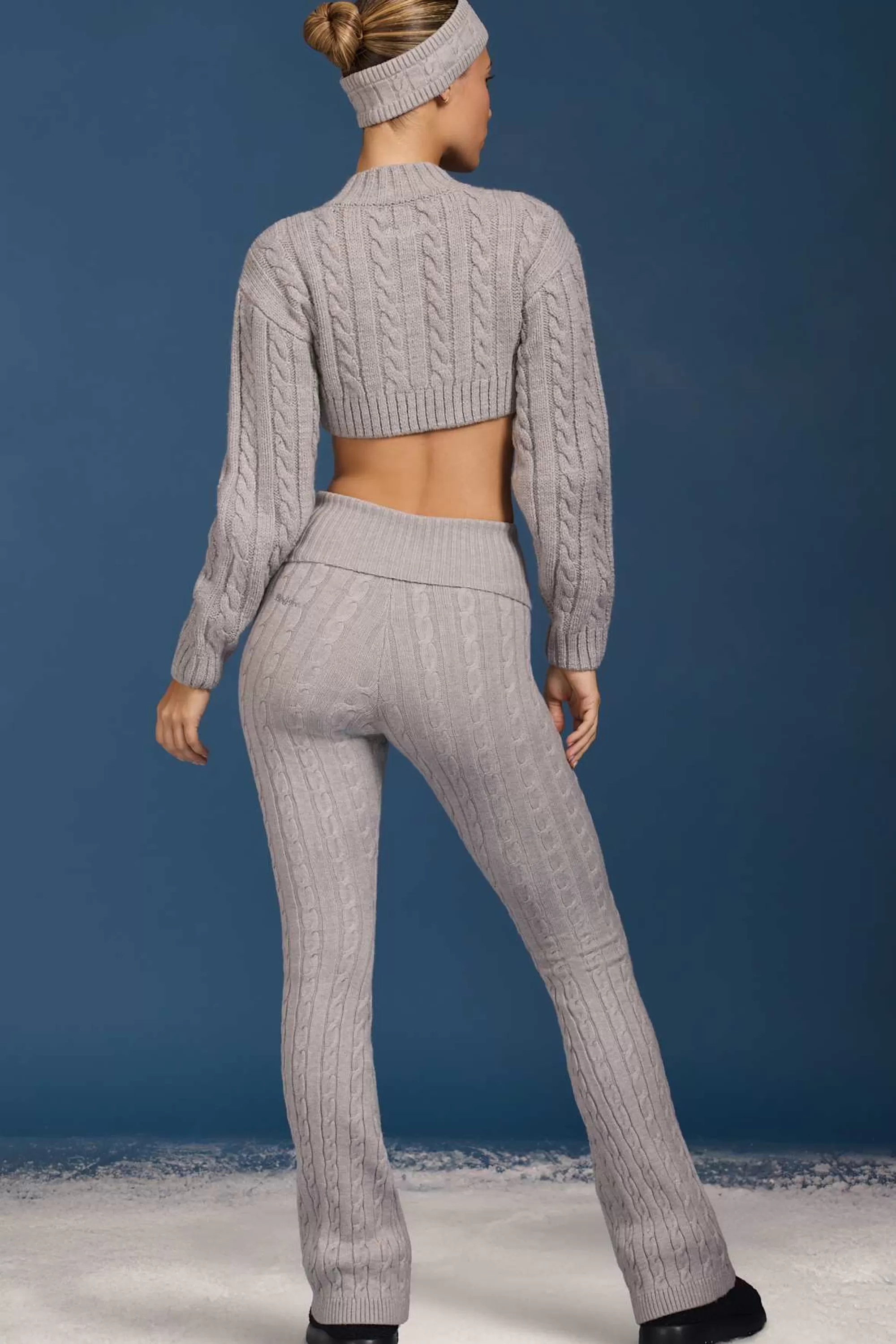 Oh Polly Petite Cable-Knit Flared Trousers in Grey Marl GreyMarl Best Sale