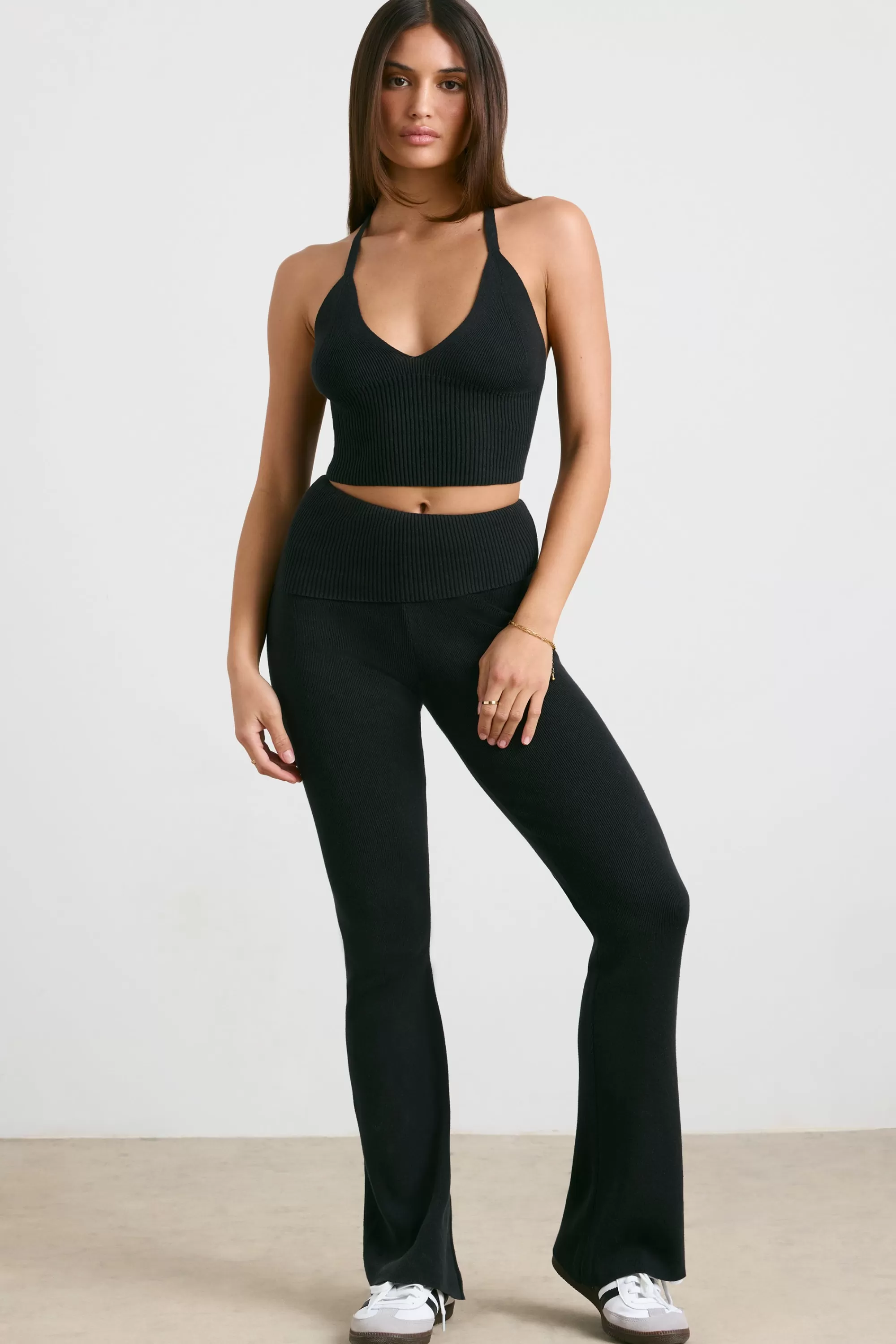 Oh Polly Petite Chunky Knit Kick Flare Trousers in Black Clearance