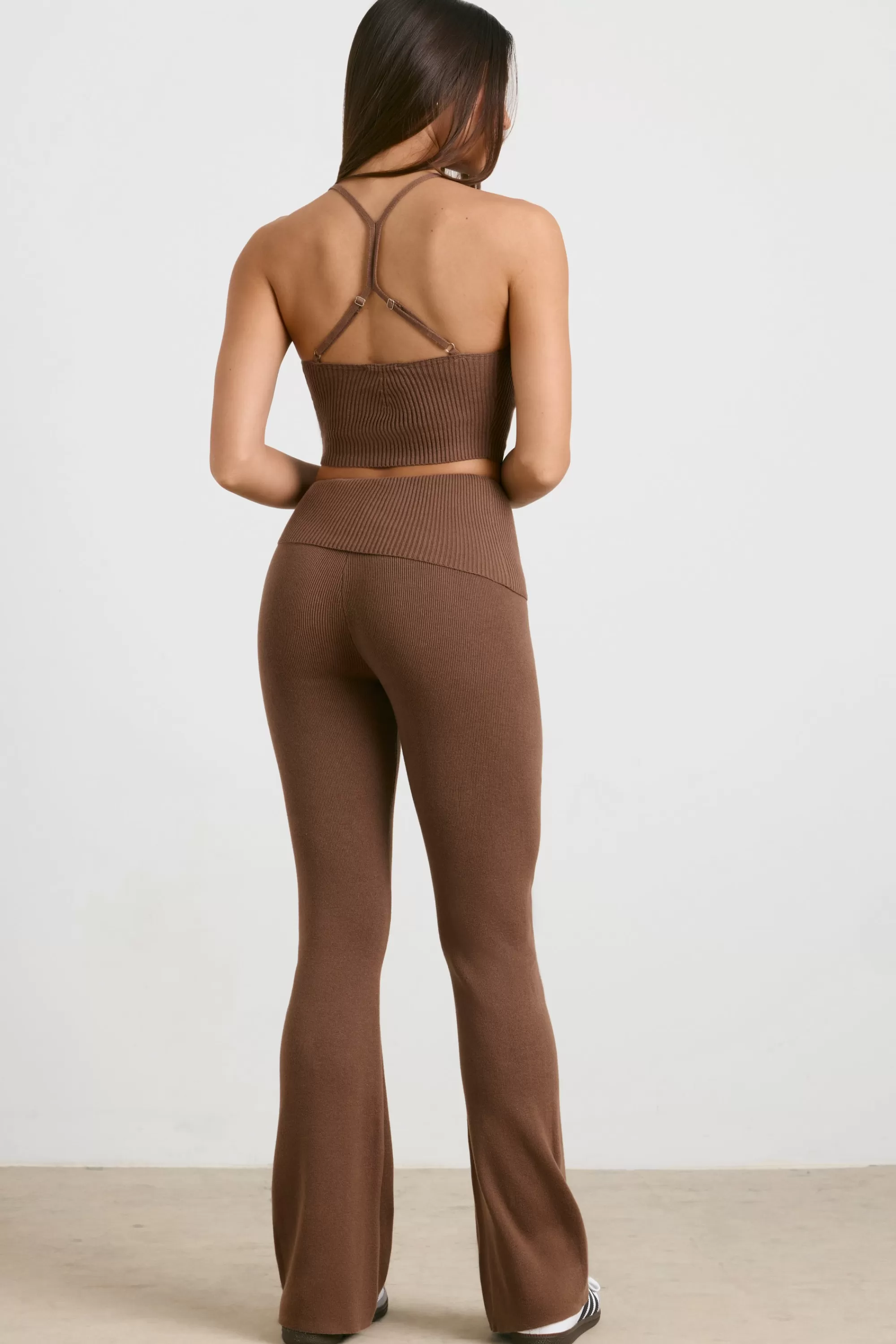 Oh Polly Petite Chunky Knit Kick Flare Trousers in Espresso Outlet