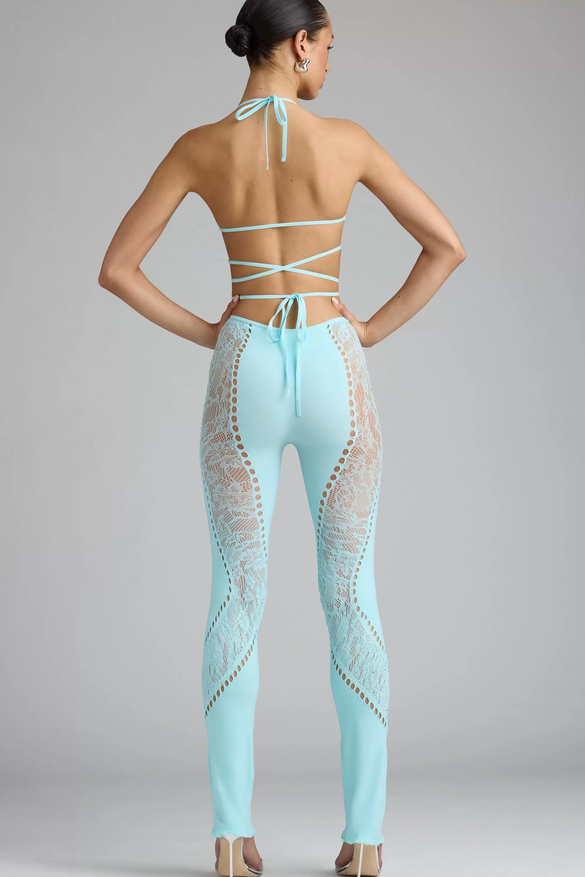 Oh Polly Petite Embellished Mid-Rise Flared Trousers in Ice Blue IceBlue Hot