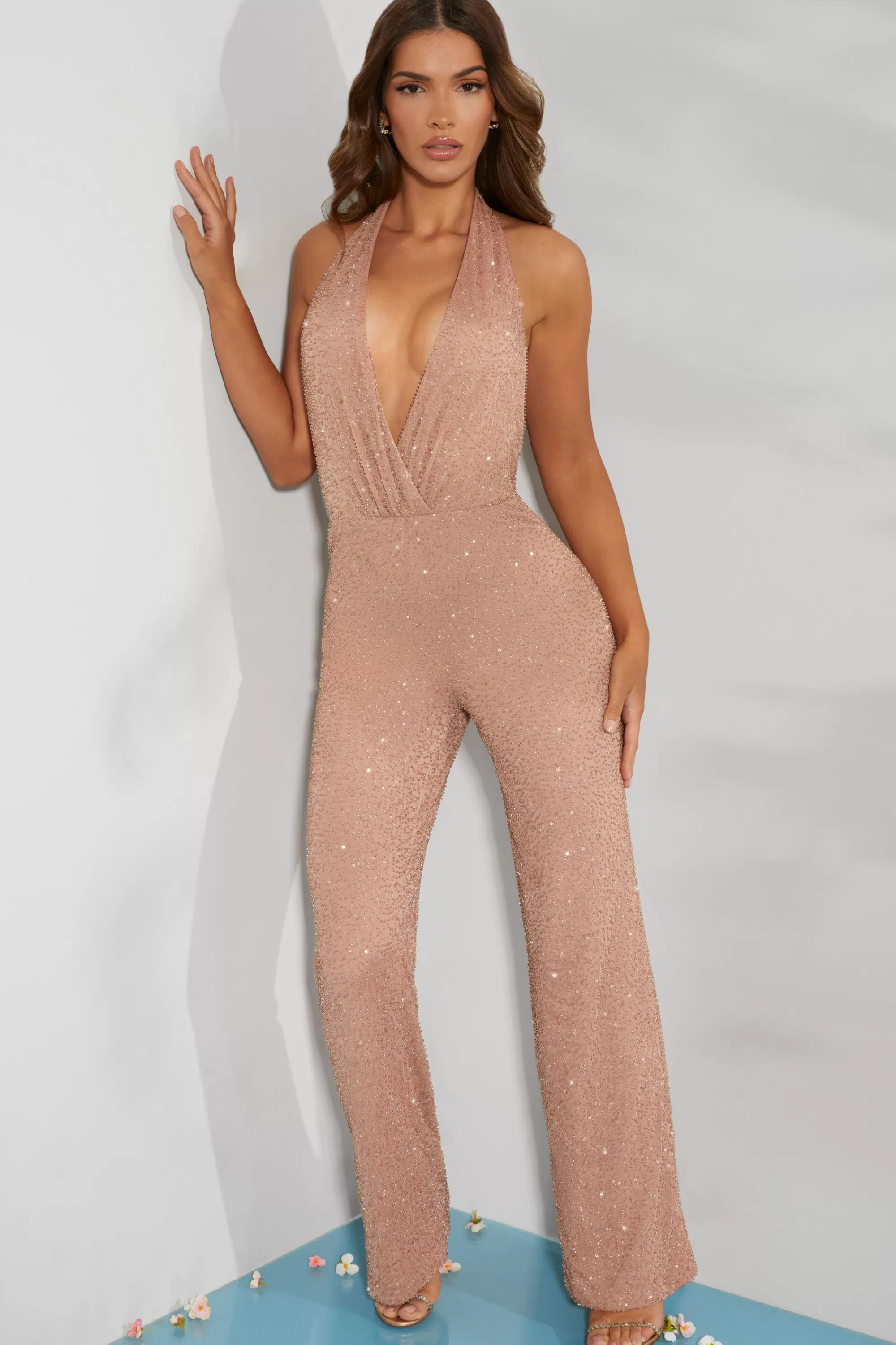 Oh Polly Petite Embellished Plunge Neck Jumpsuit in Beige Outlet