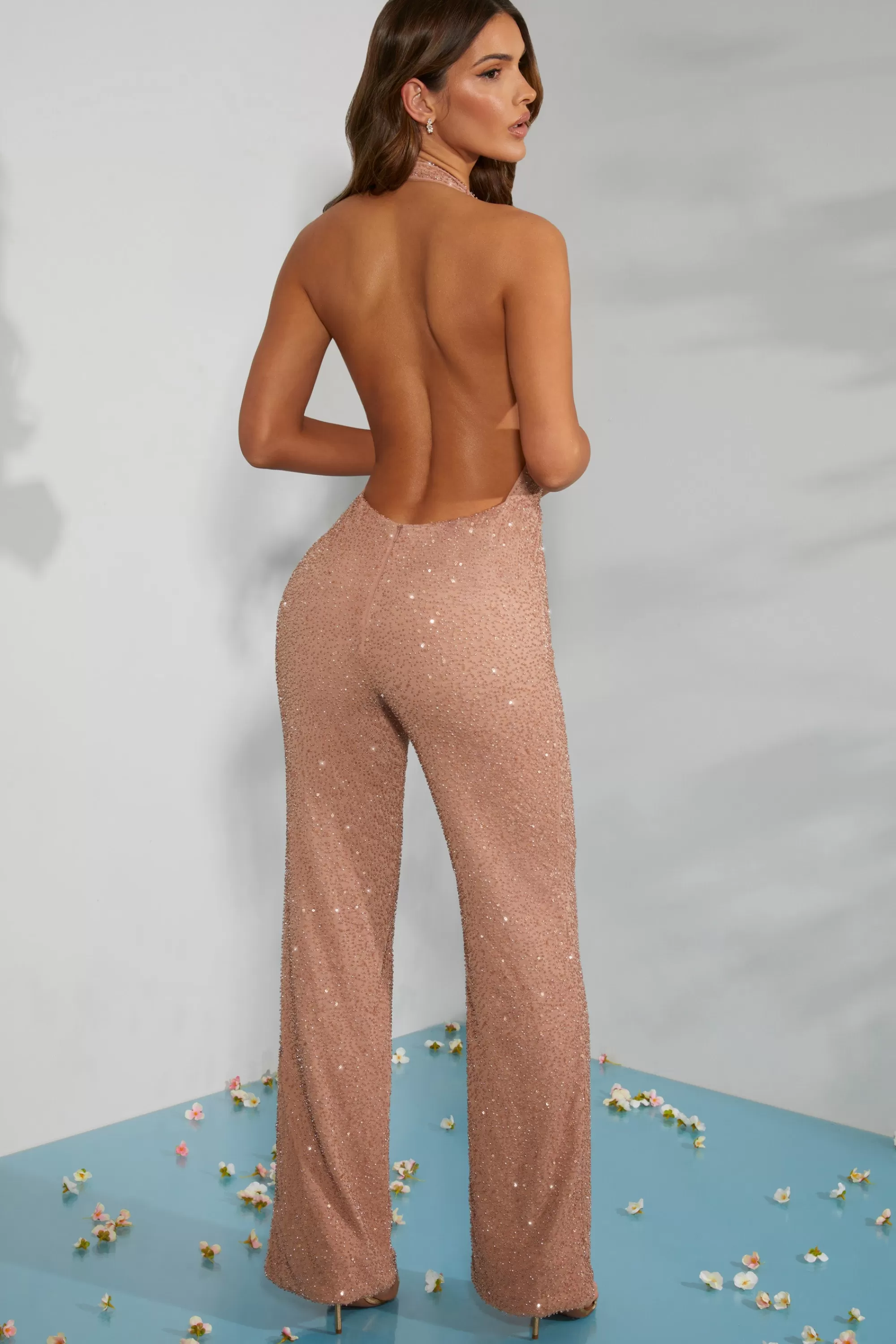 Oh Polly Petite Embellished Plunge Neck Jumpsuit in Beige Outlet