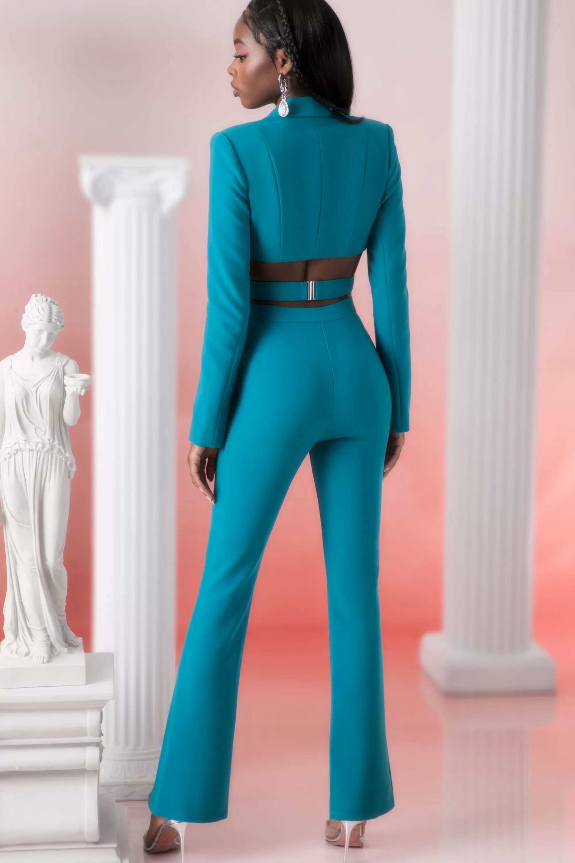 Oh Polly Petite Flare Trousers in Teal New