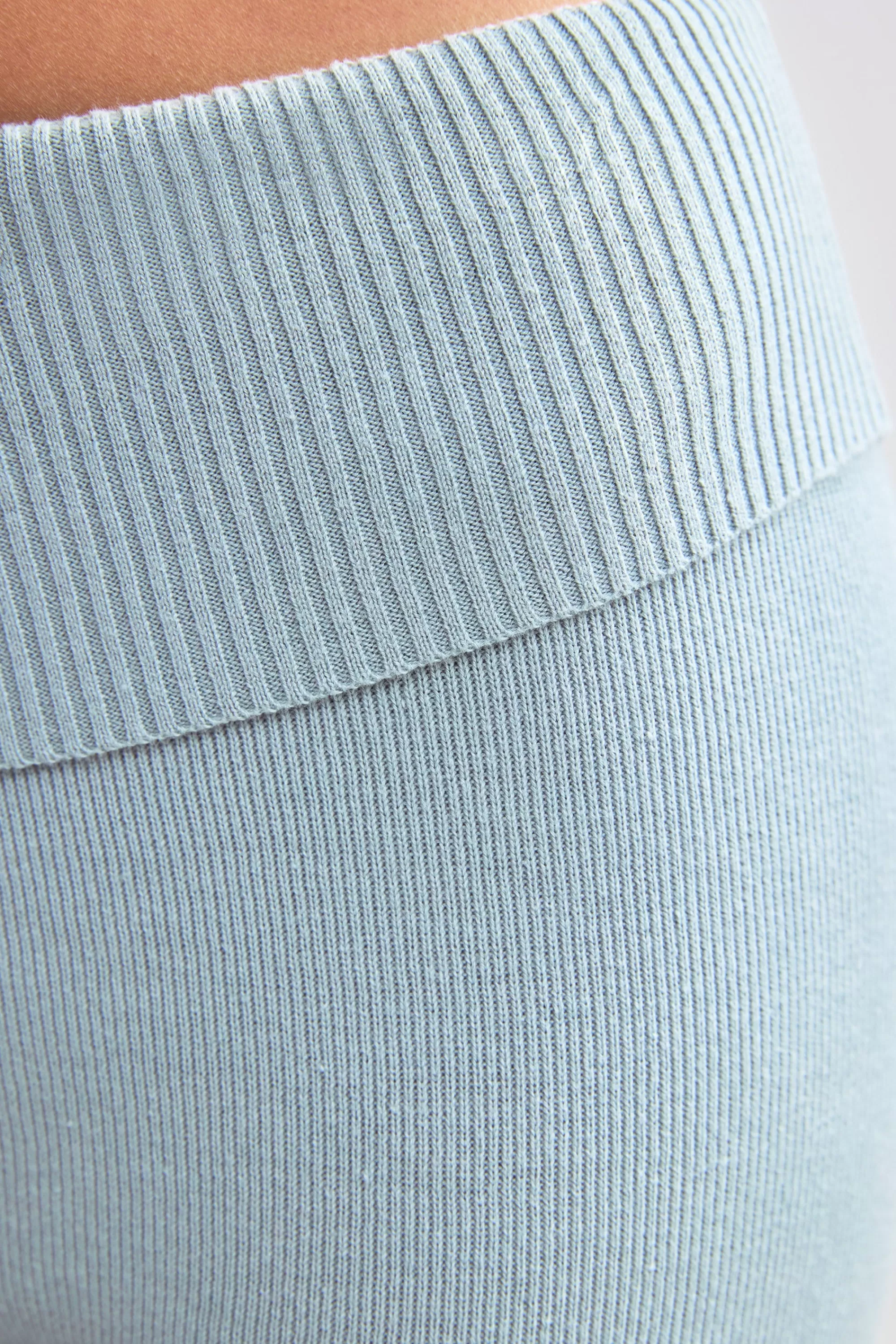 Oh Polly Petite Fold Over Kick Flare Chunky Knit Trousers in Dusty Teal DustyTeal Shop