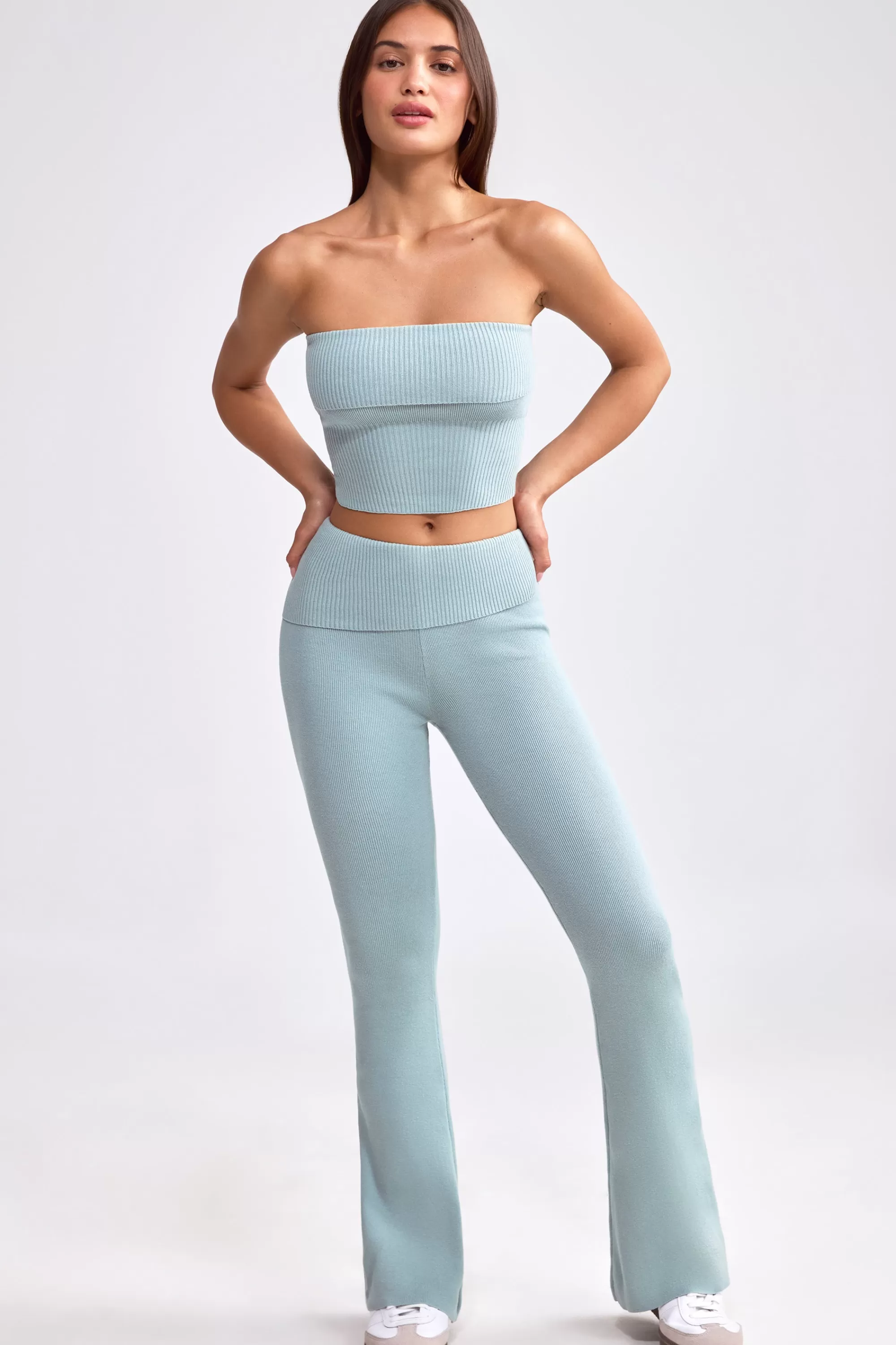 Oh Polly Petite Fold Over Kick Flare Chunky Knit Trousers in Dusty Teal DustyTeal Shop