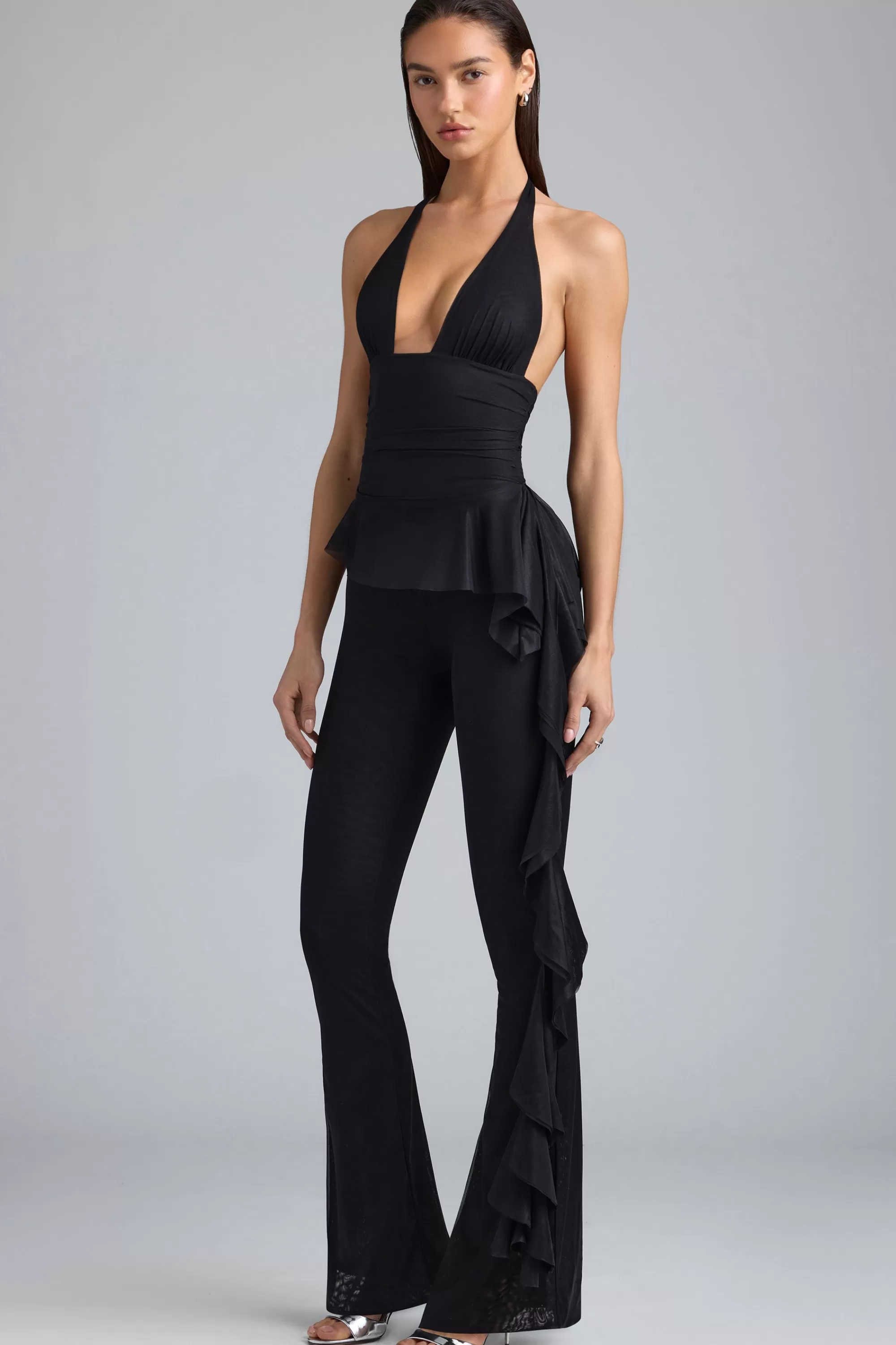 Oh Polly Petite Metallic Ruffle Low-Rise Flared Trousers in Black Hot