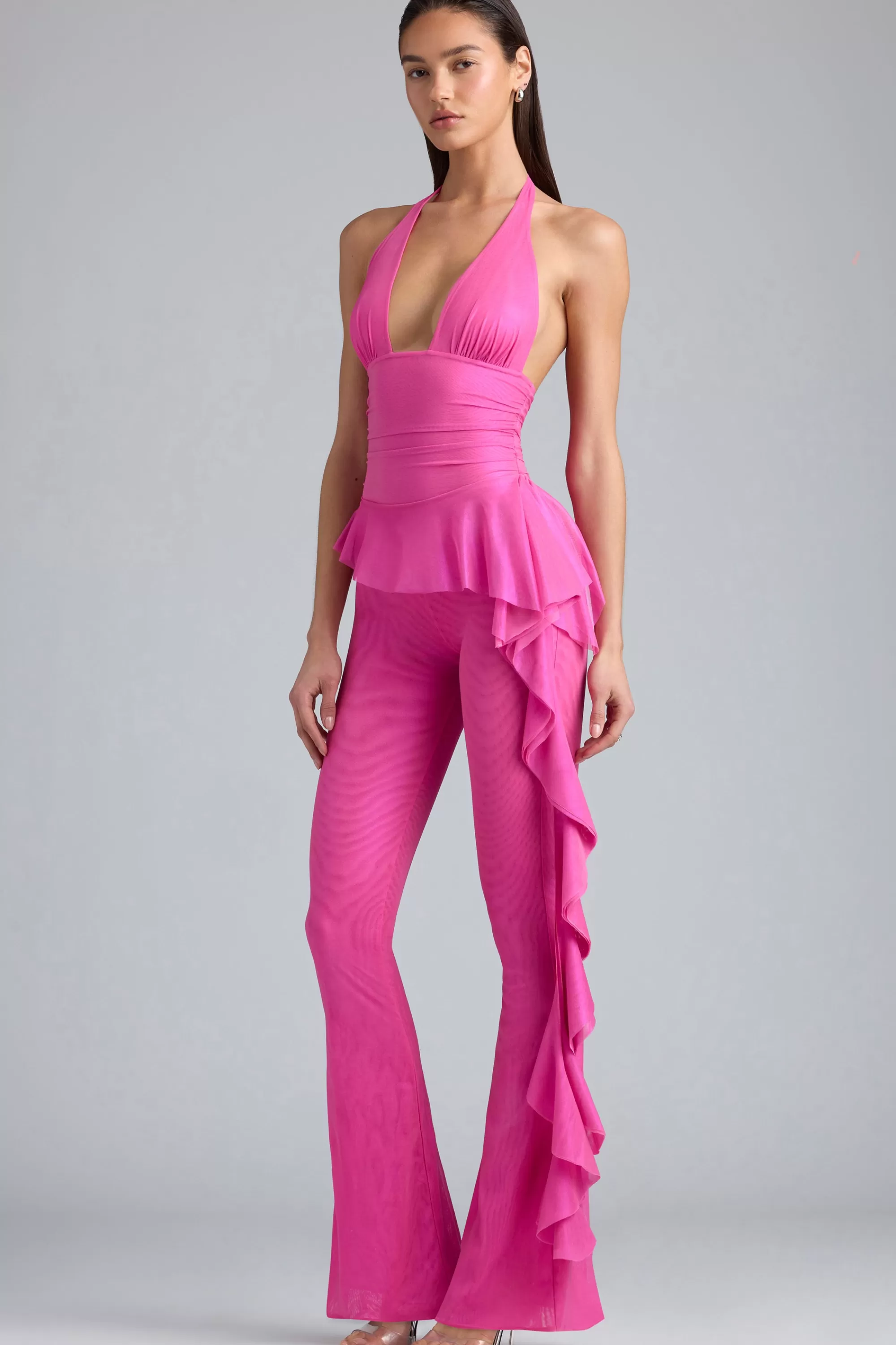 Oh Polly Petite Metallic Ruffle Low-Rise Flared Trousers in Bubblegum Pink BubblegumPink Hot