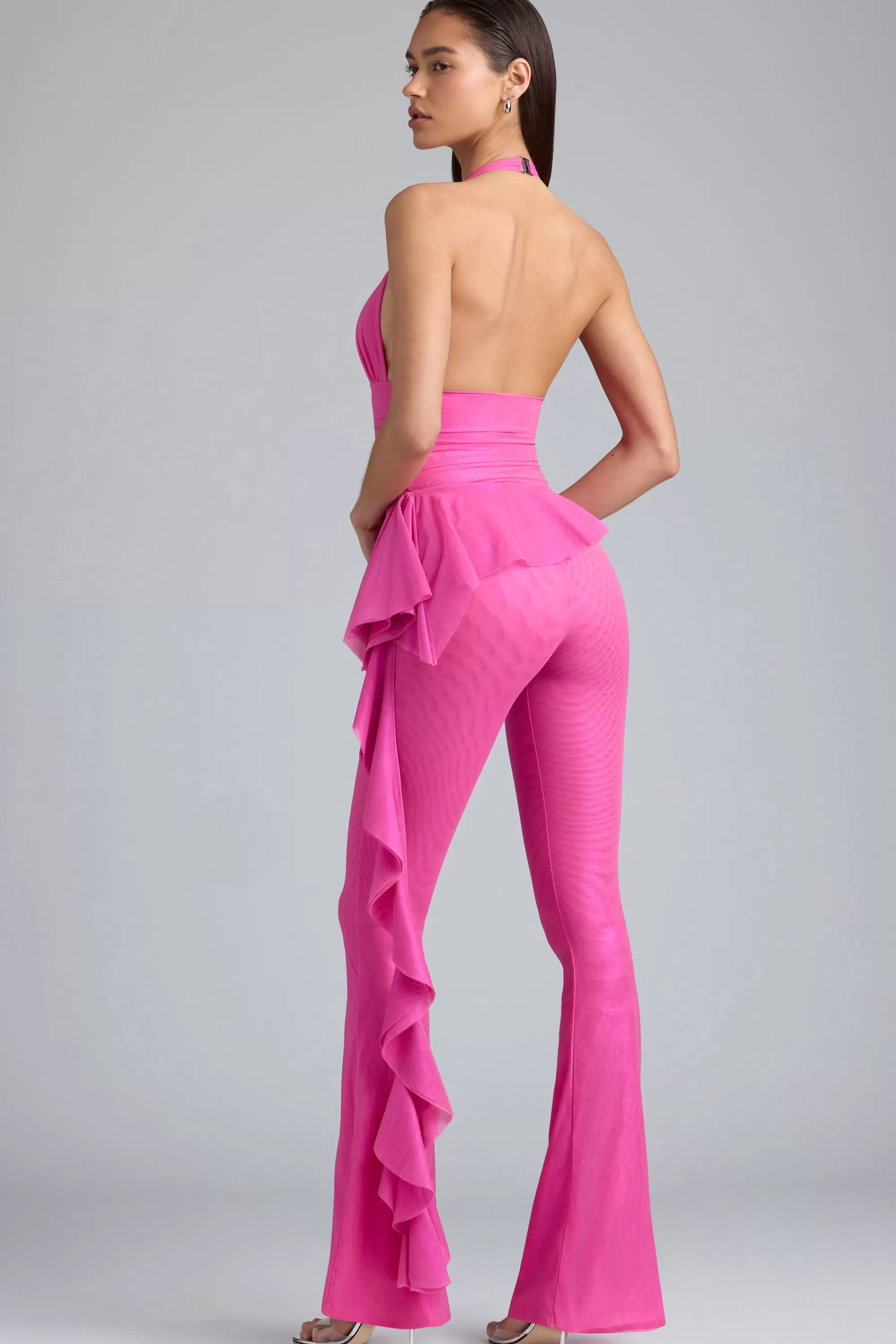 Oh Polly Petite Metallic Ruffle Low-Rise Flared Trousers in Bubblegum Pink BubblegumPink Hot