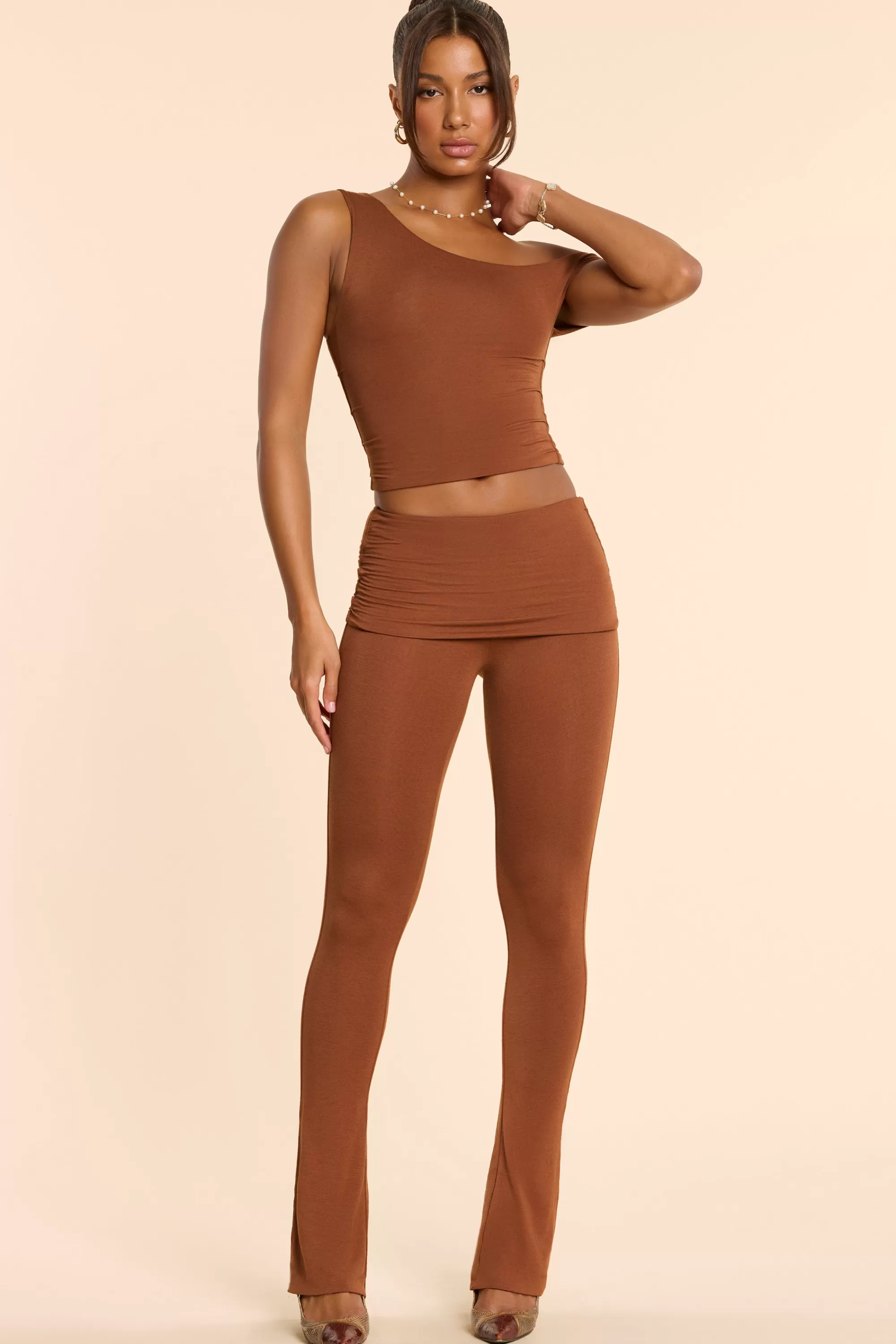 Oh Polly Petite Mid Rise Modal Cashmere Blend Trousers in Chestnut Brown ChestnutBrown Clearance