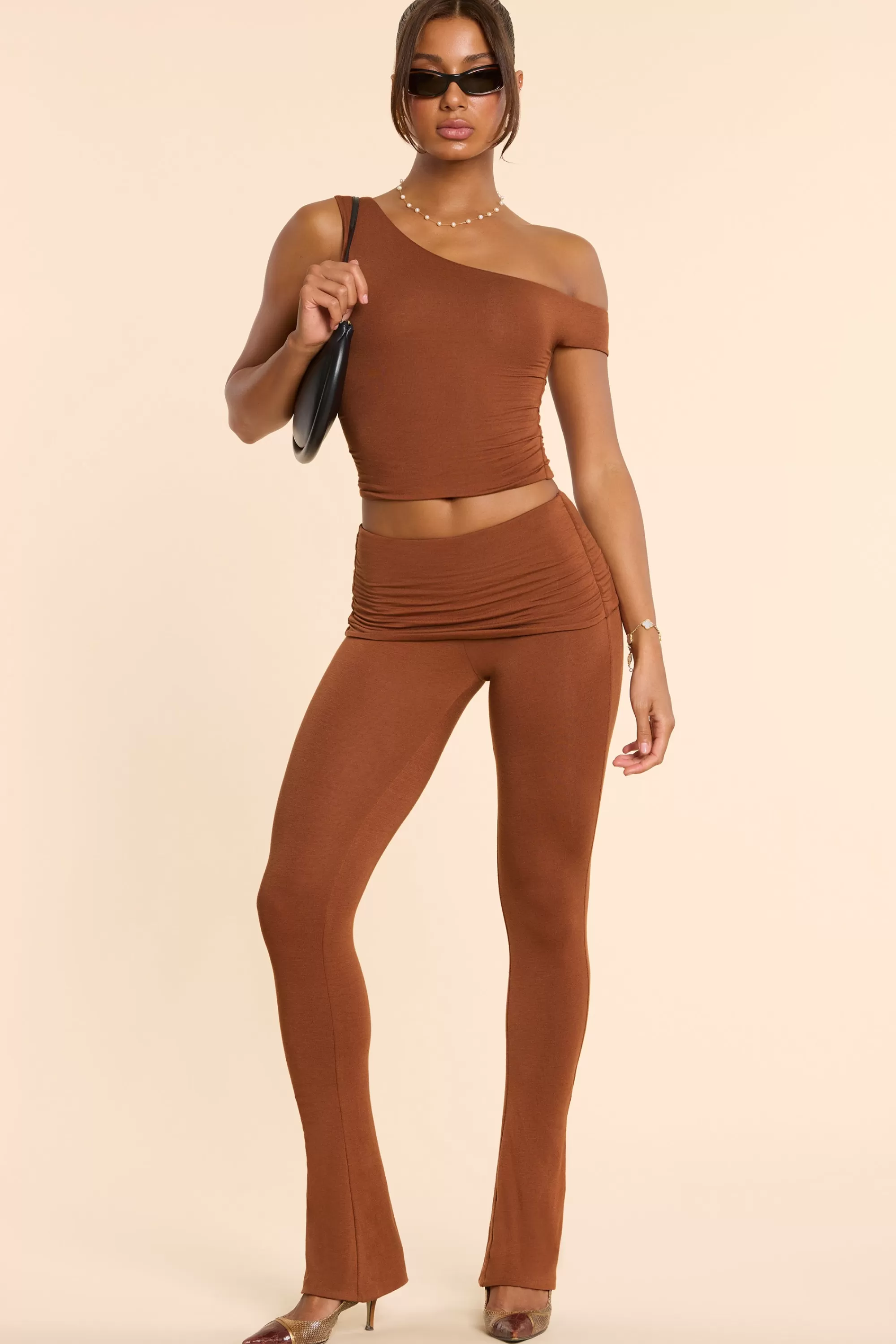 Oh Polly Petite Mid Rise Modal Cashmere Blend Trousers in Chestnut Brown ChestnutBrown Clearance