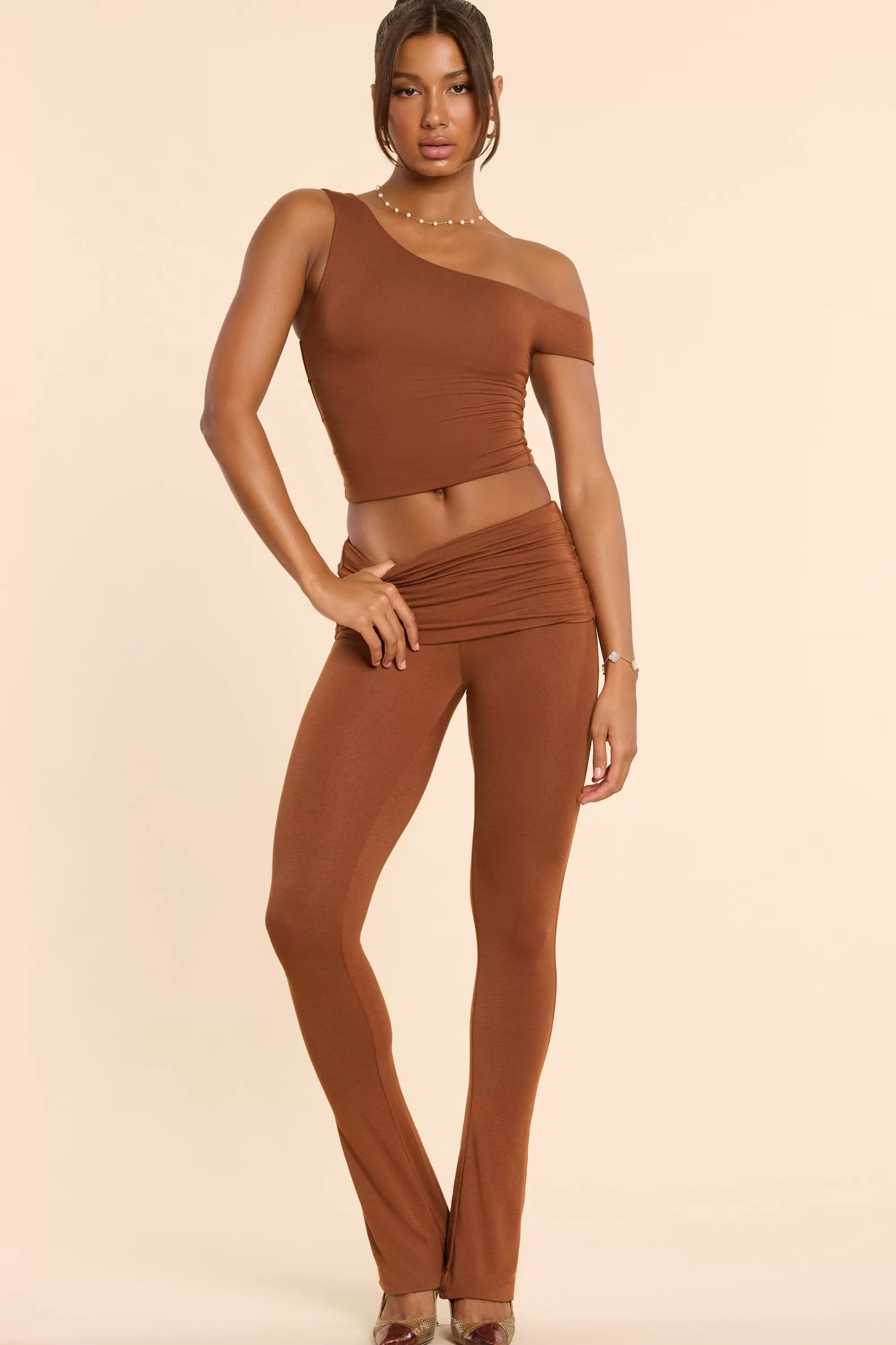 Oh Polly Petite Mid Rise Modal Cashmere Blend Trousers in Chestnut Brown ChestnutBrown Clearance