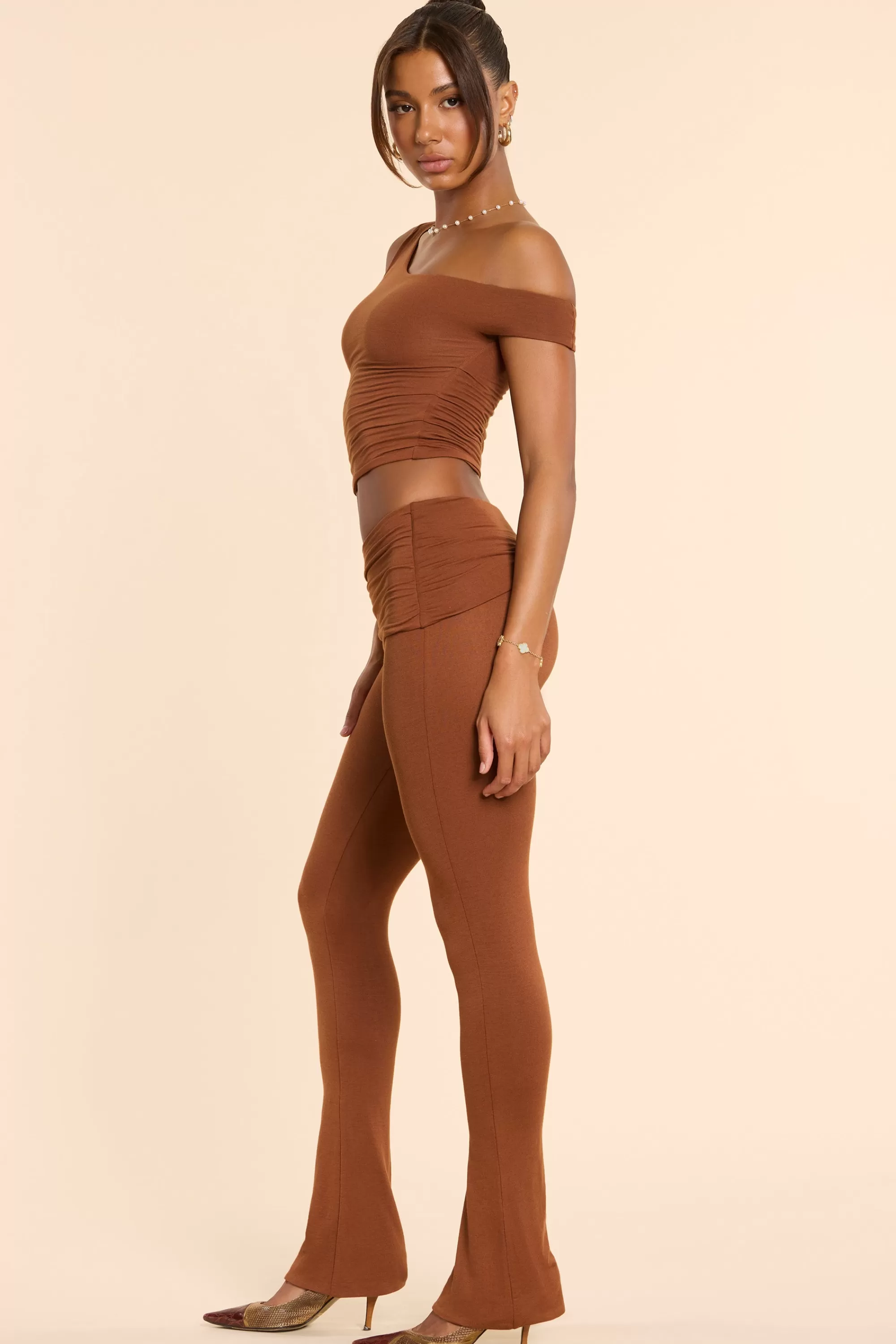 Oh Polly Petite Mid Rise Modal Cashmere Blend Trousers in Chestnut Brown ChestnutBrown Clearance