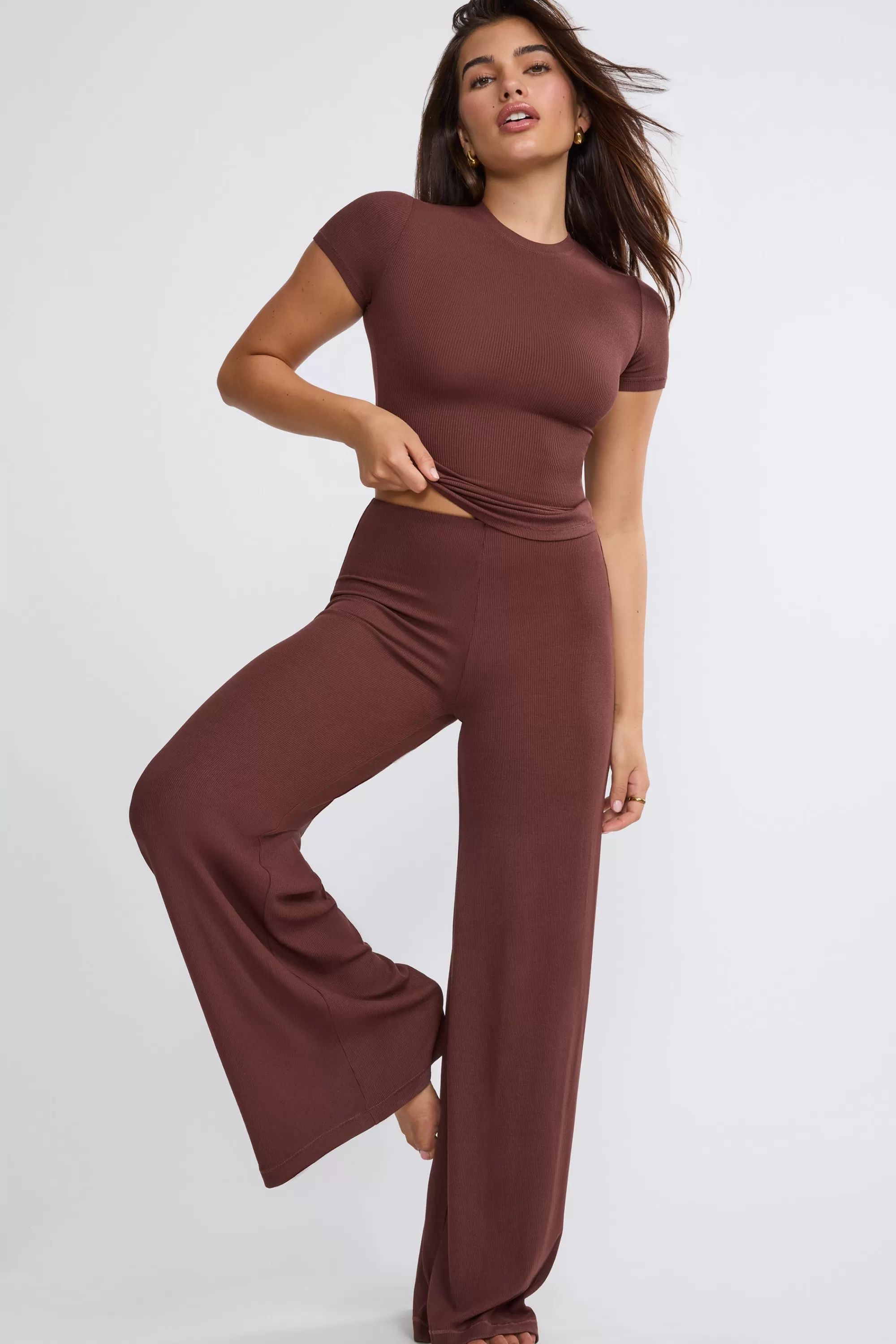 Oh Polly Petite Mid Rise Wide Leg Trouser in Chocolate Best Sale