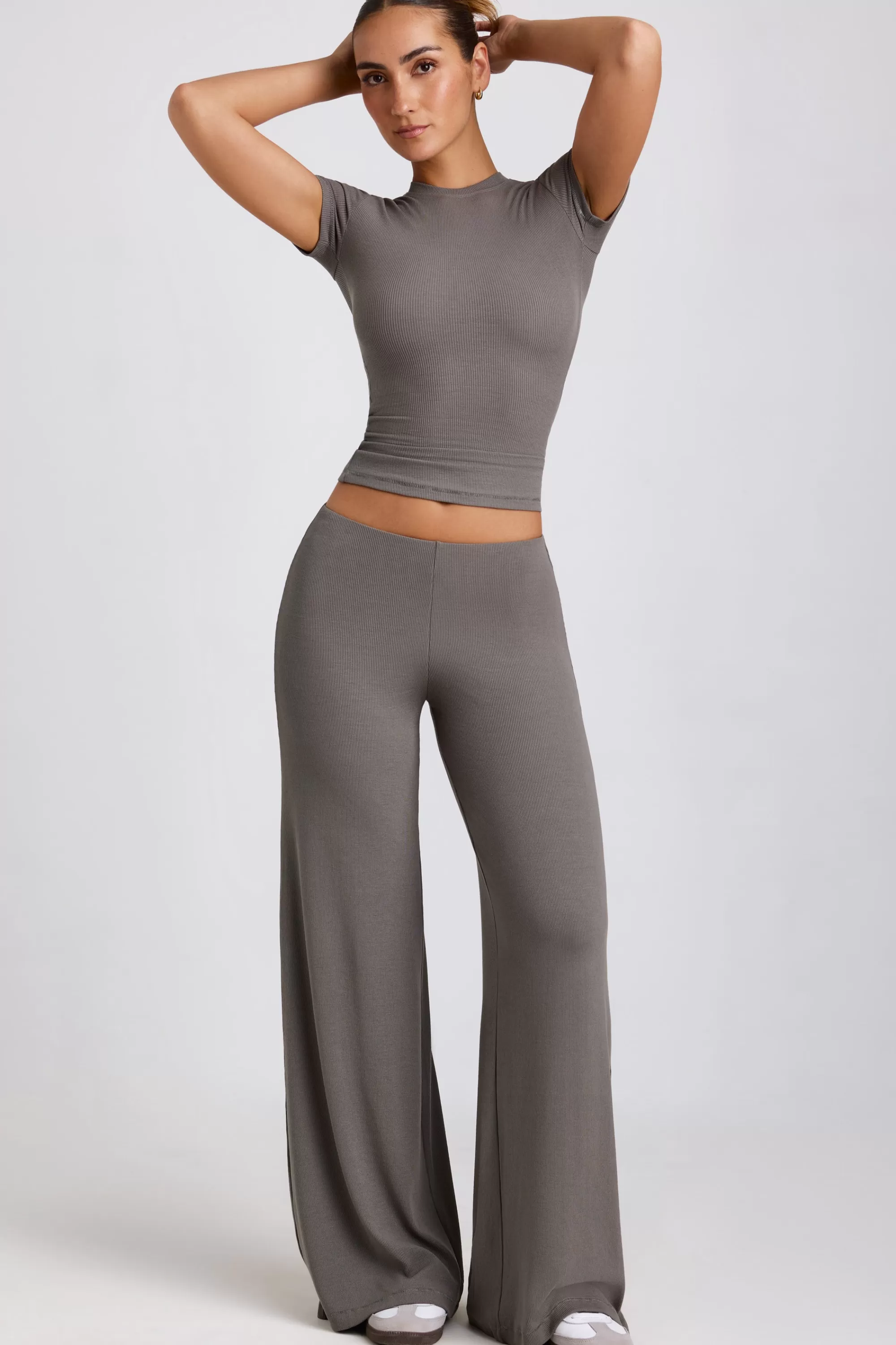 Oh Polly Petite Mid Rise Wide Leg Trouser in Grey Sale