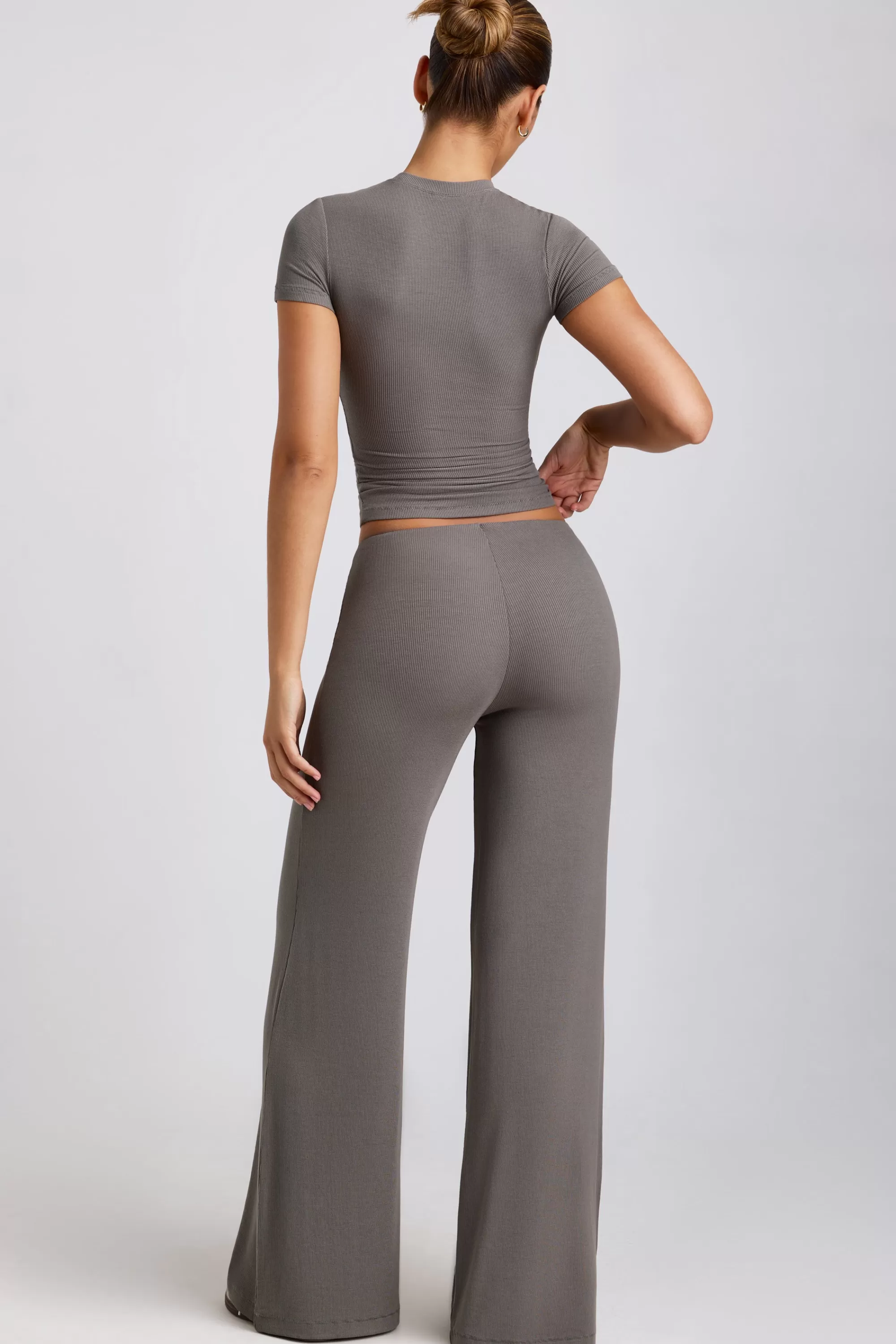 Oh Polly Petite Mid Rise Wide Leg Trouser in Grey Sale