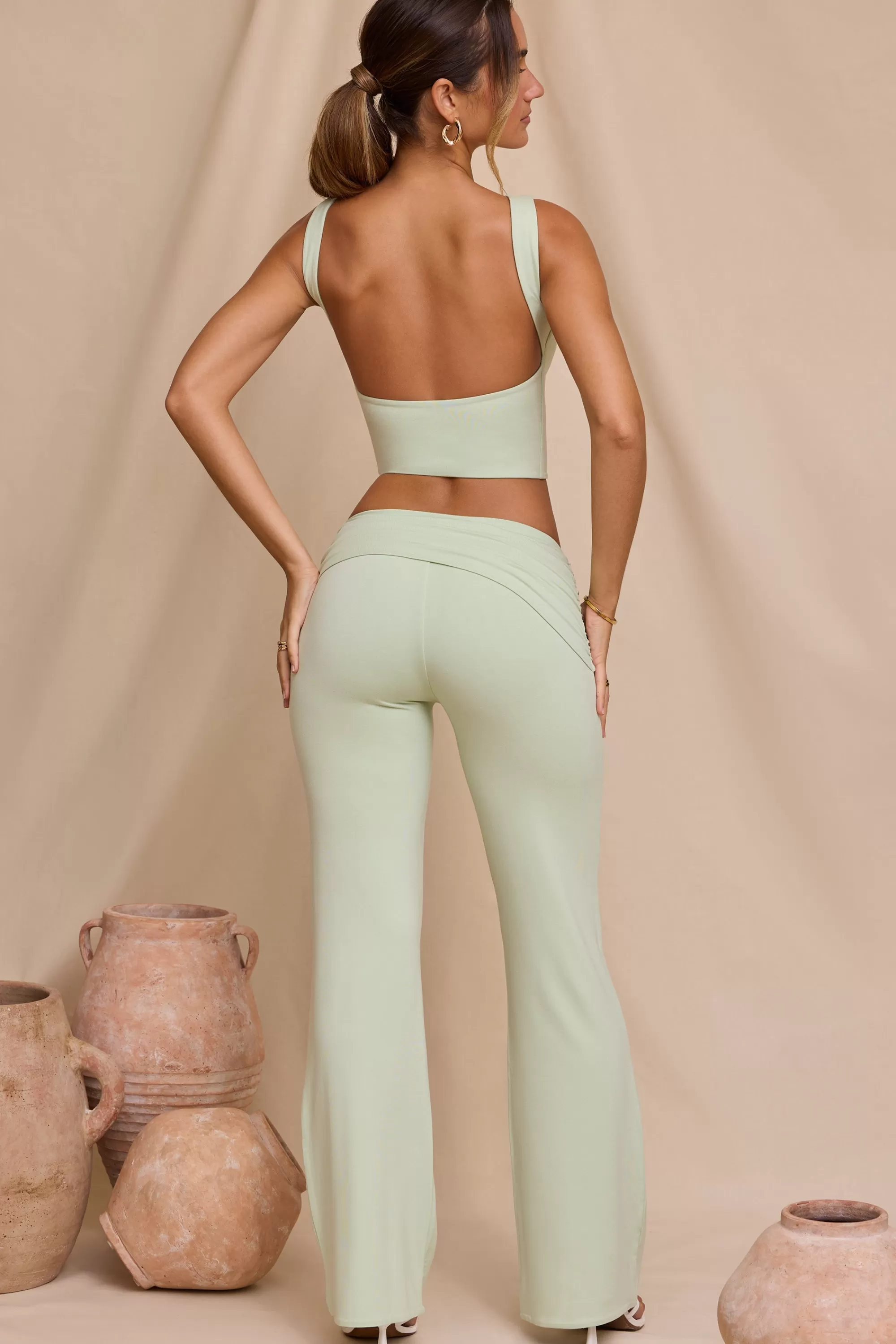 Oh Polly Petite Mid-Rise Straight Leg Trousers in Light Sage LightSage Best Sale