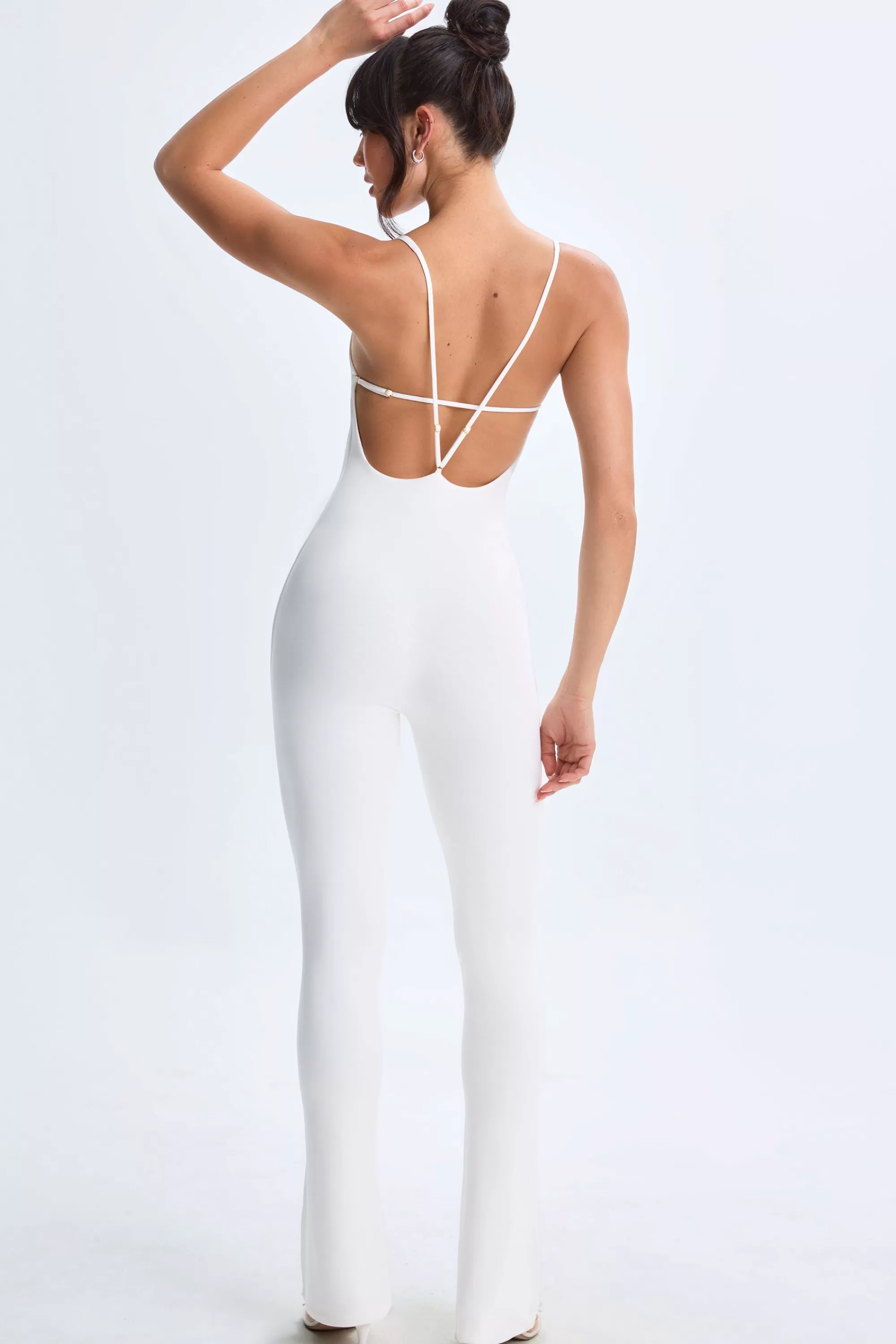 Oh Polly Petite Plunge Open-Back Flared Jumpsuit in White Cheap