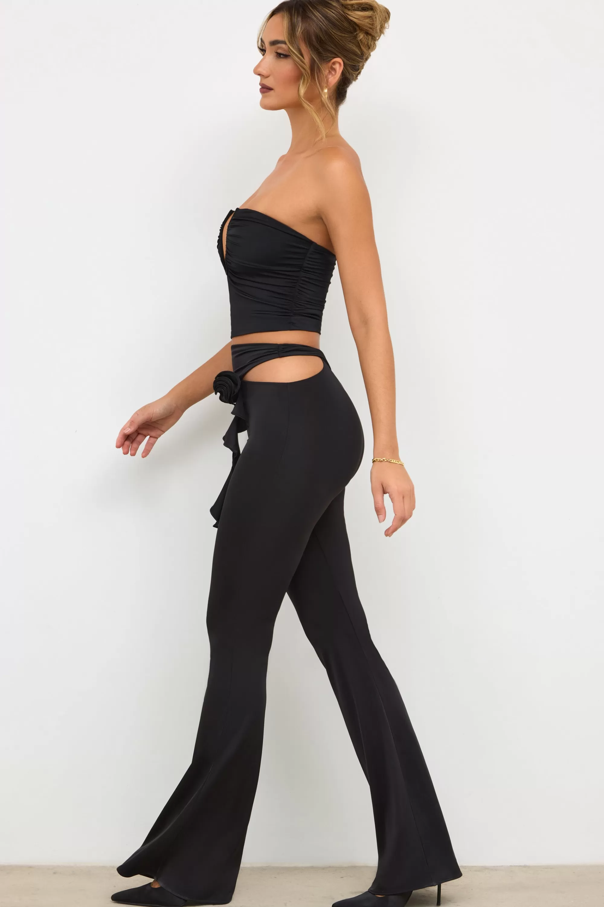 Oh Polly Petite Premium Jersey Rose Detail Mid-Rise Flare Trousers in Black Shop