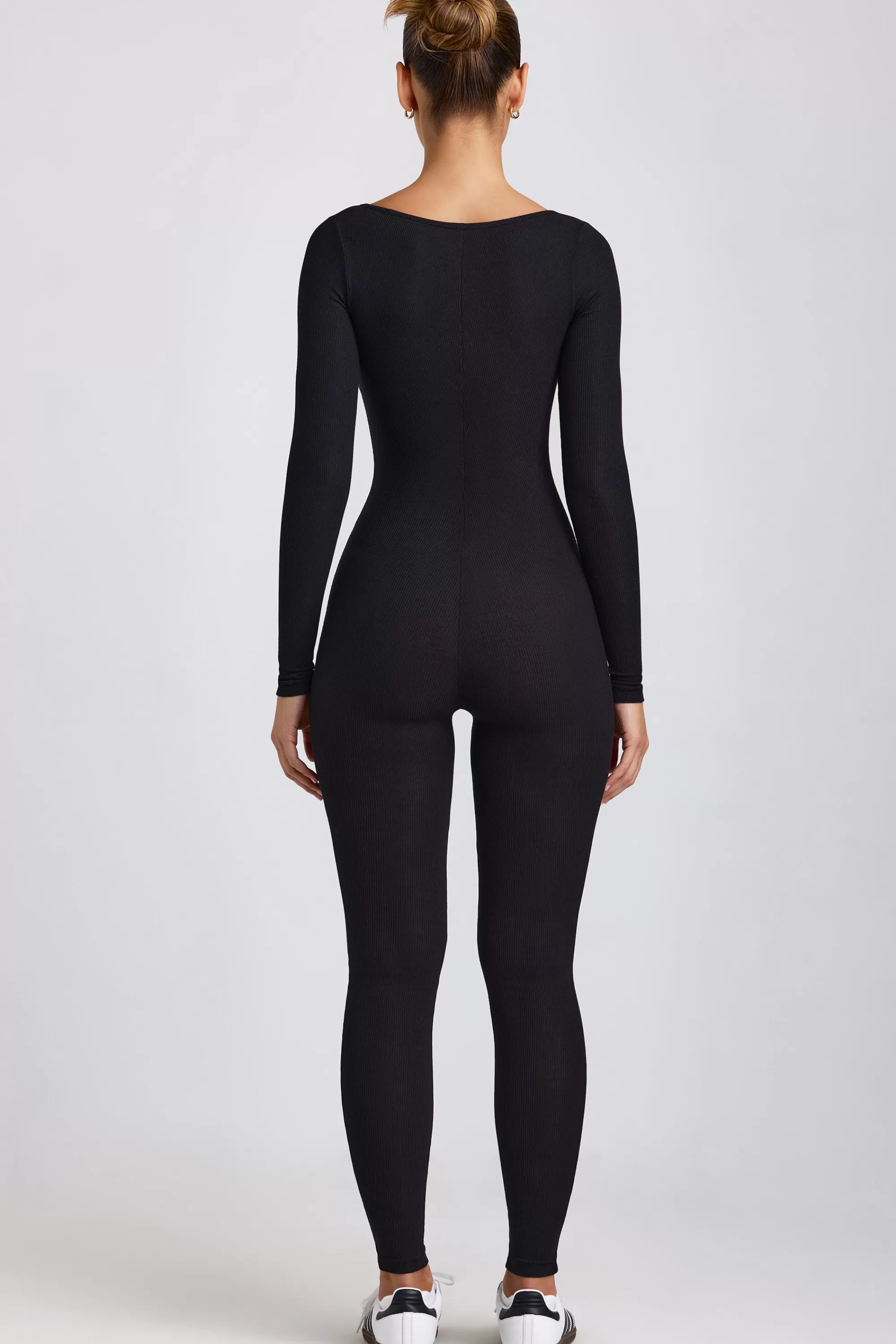 Oh Polly Petite Ribbed Modal Long Sleeve Jumpsuit in Black Sale