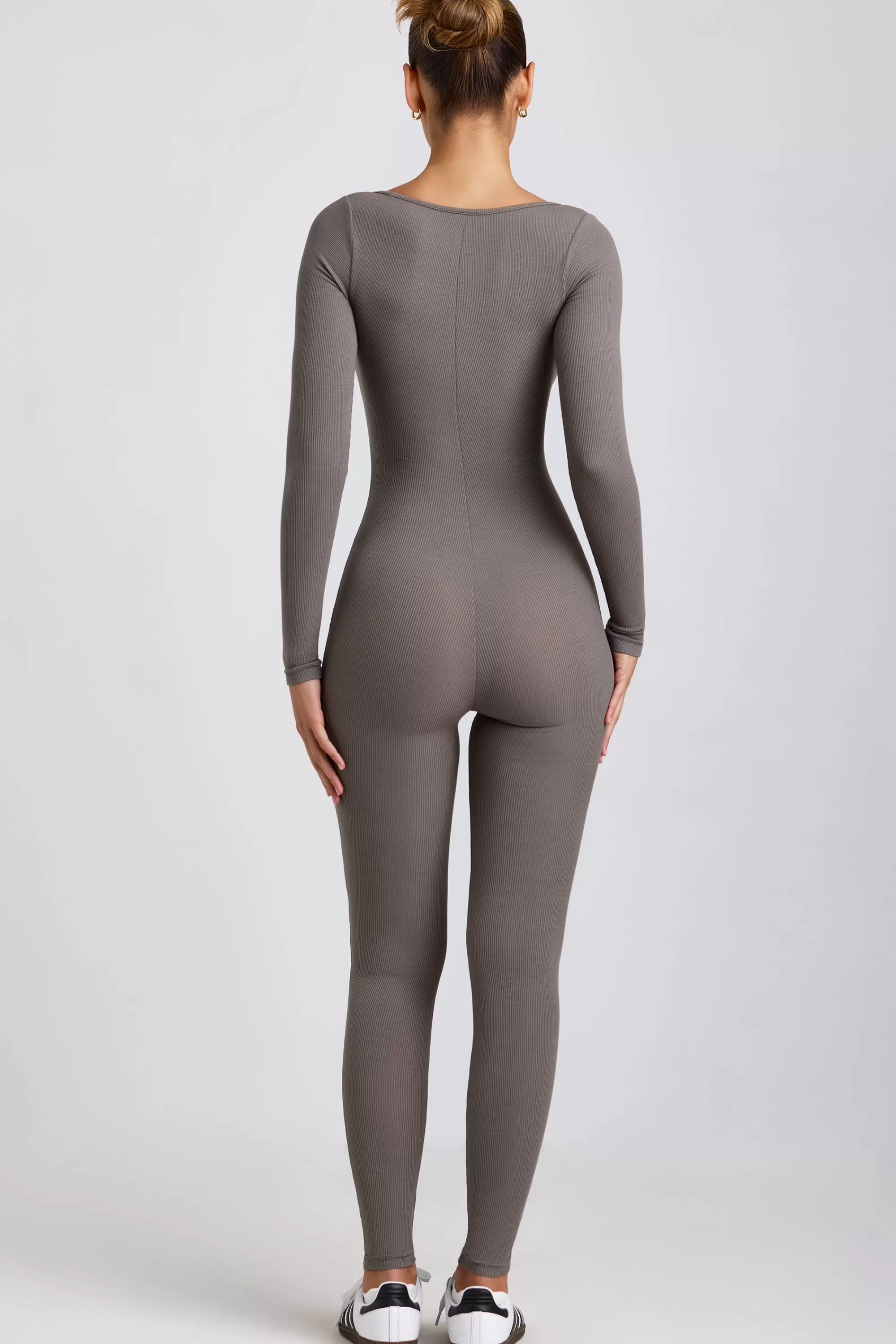 Oh Polly Petite Ribbed Modal Long Sleeve Jumpsuit in Grey Store