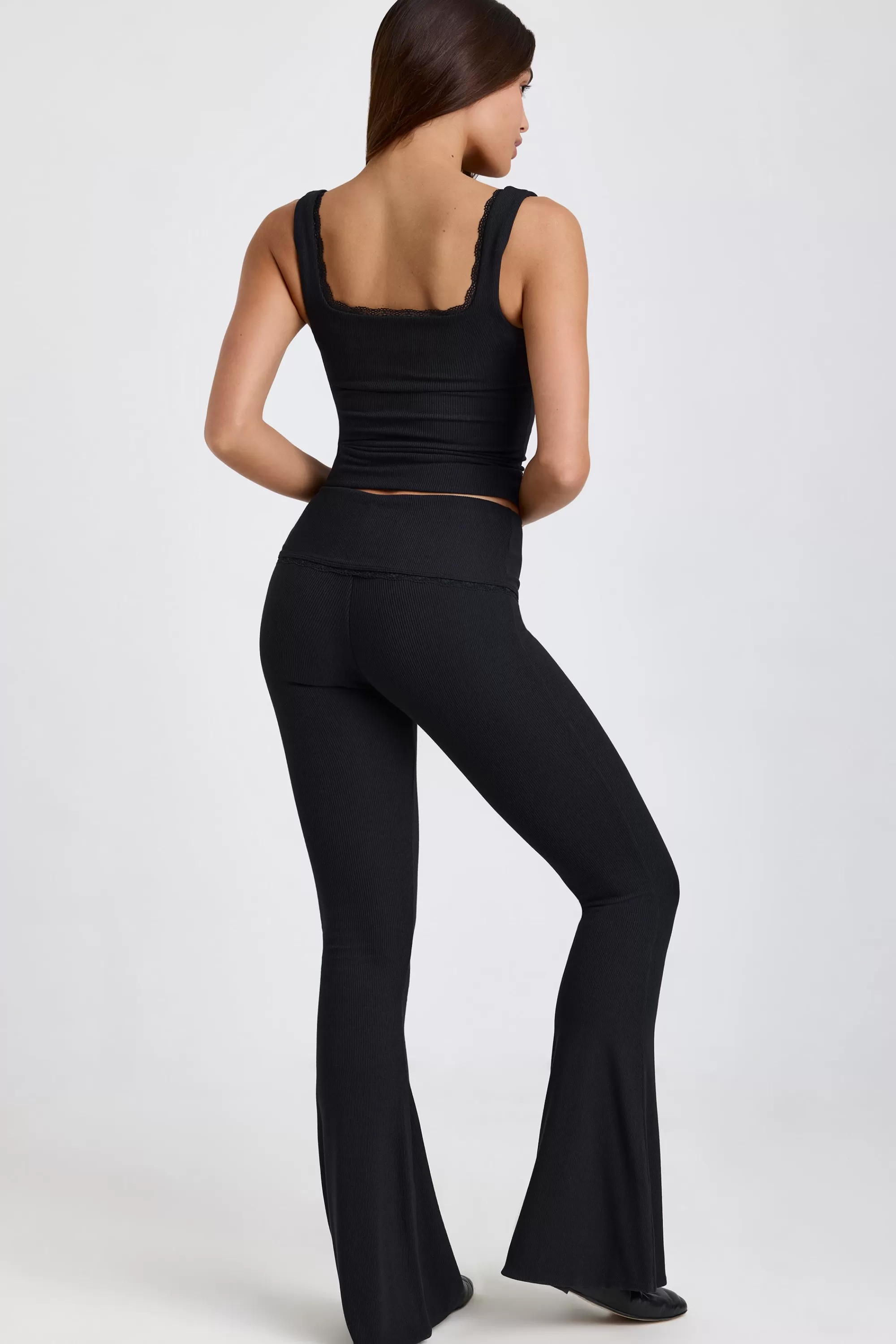 Oh Polly Petite Ribbed Modal Mid-Rise Foldover Flared Trousers in Black Fashion