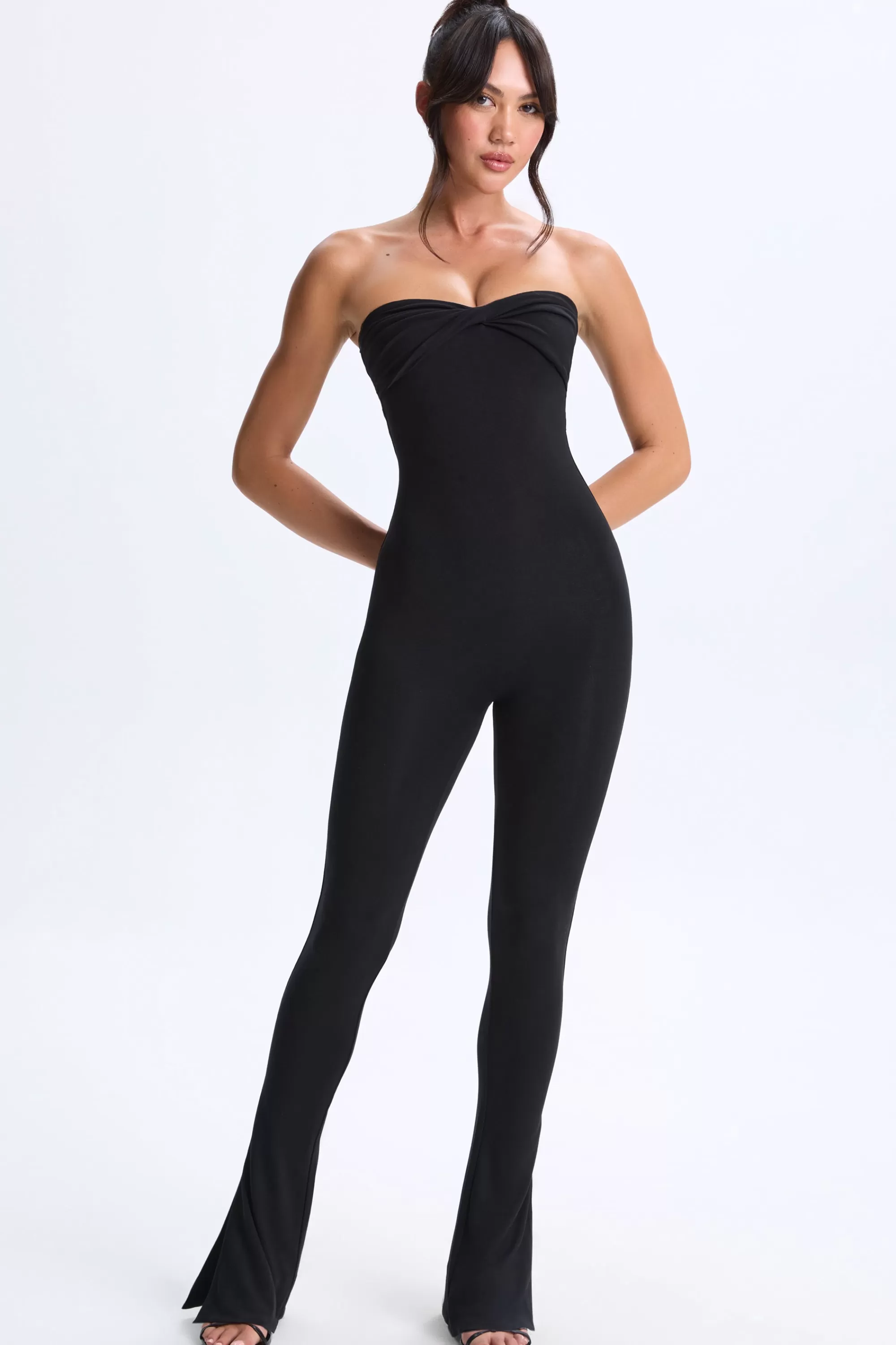 Oh Polly Petite Twist-Front Split Hem Flared Jumpsuit in Black Store