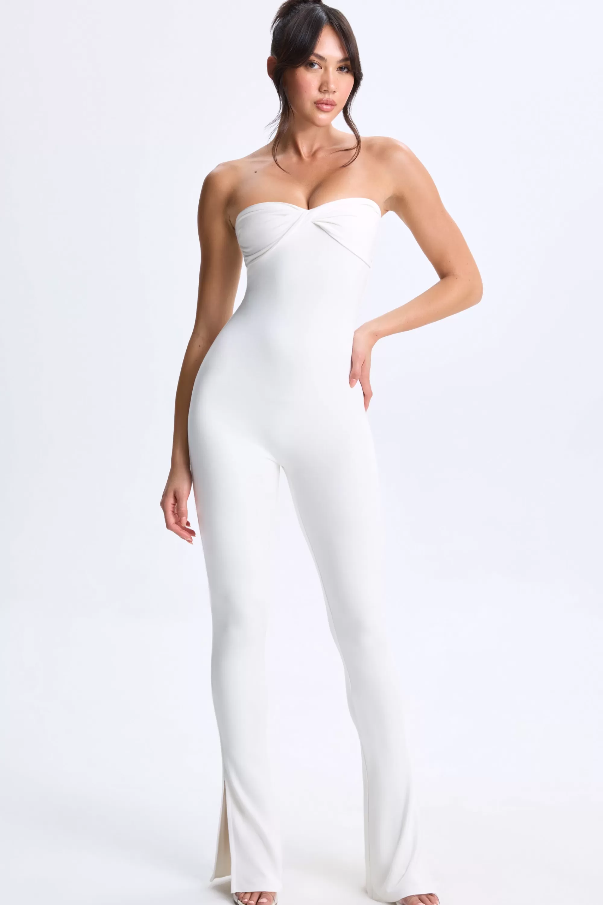 Oh Polly Petite Twist-Front Split Hem Flared Jumpsuit in White Cheap