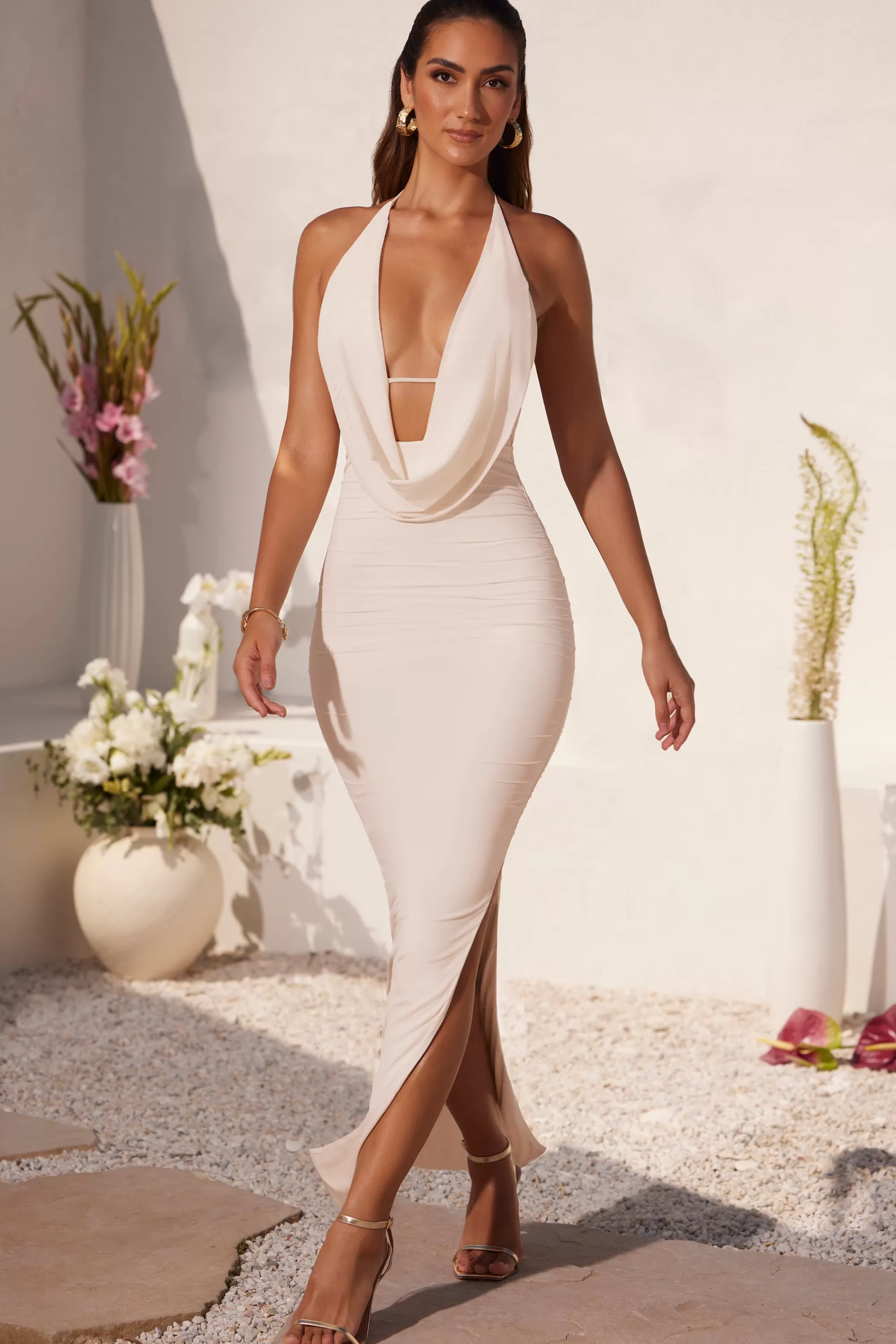 Oh Polly Plunge Cowl Neck Floor Length Dress in Ivory Hot
