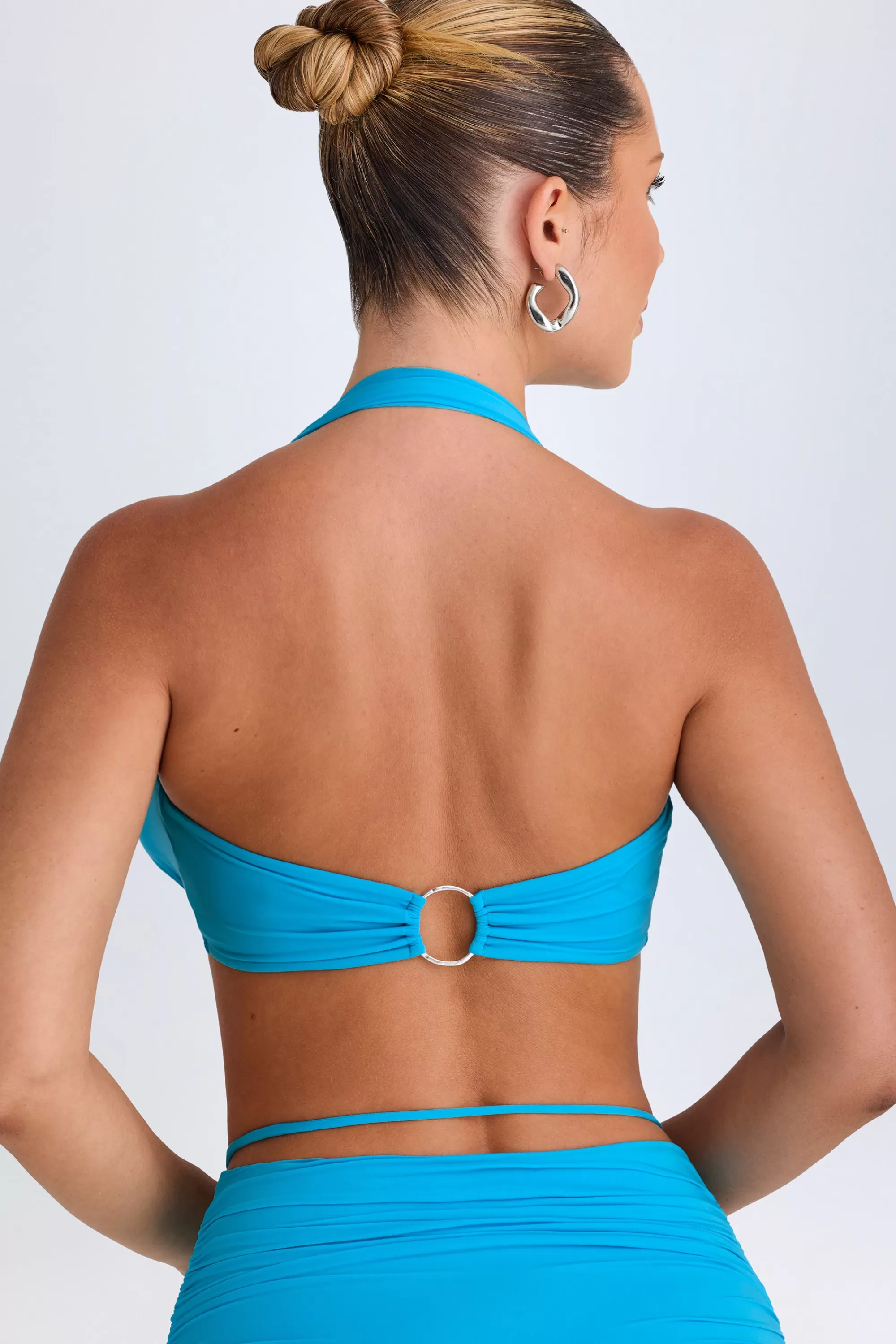 Oh Polly Plunge Hardware-Detail Halterneck Crop Top in Aqua Blue AquaBlue Online